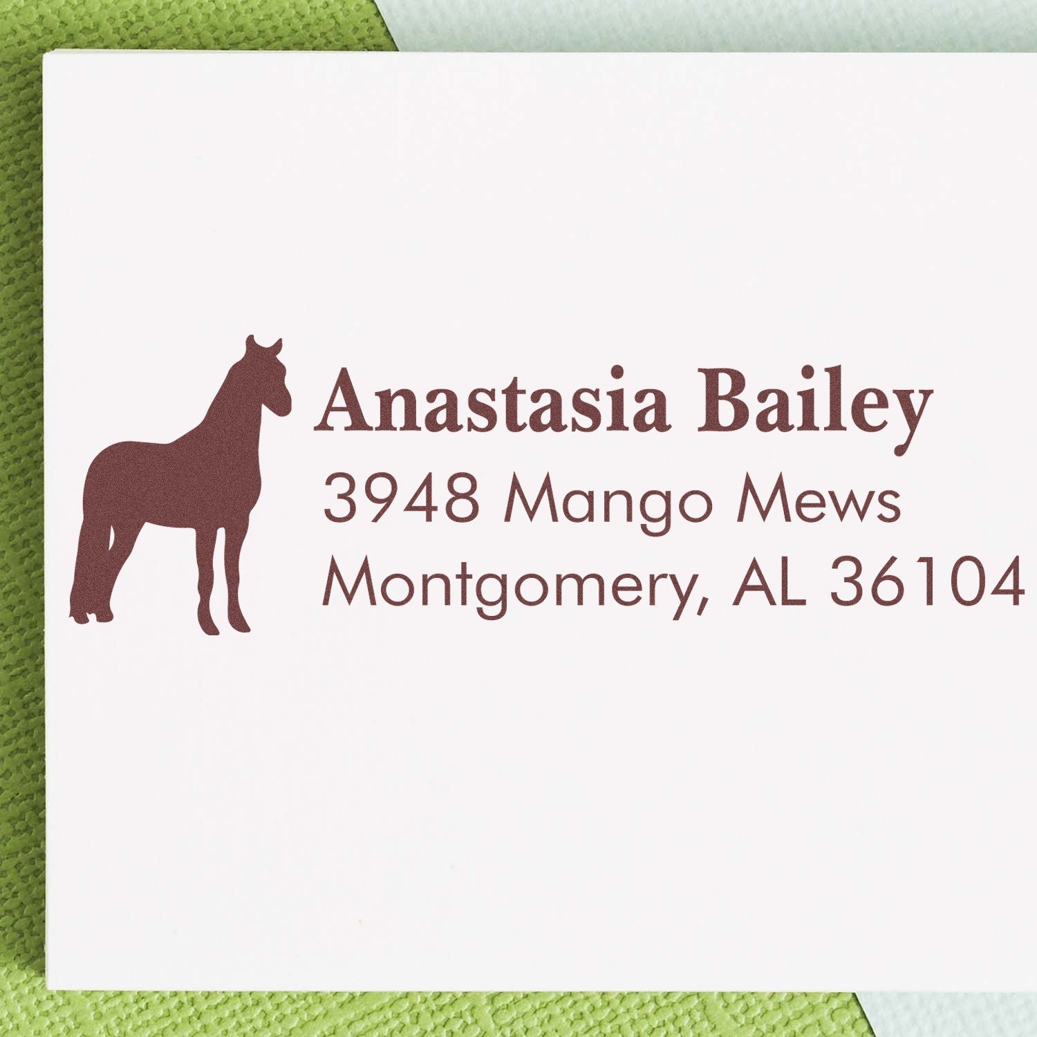 Custom horse address rubber stamp with Anastasia Bailey name and Montgomery, AL address