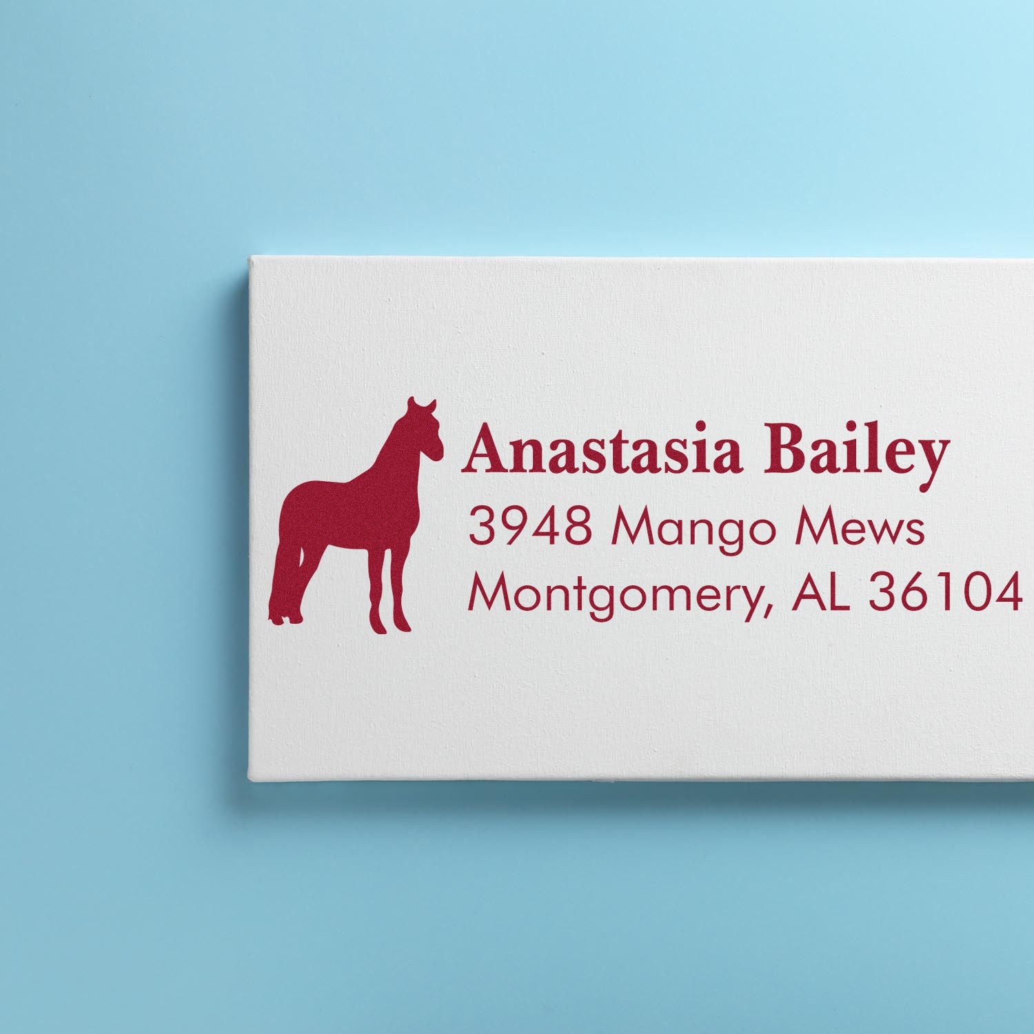 Custom horse address rubber stamp with Anastasia Bailey name and Montgomery, AL 36104 mailing address