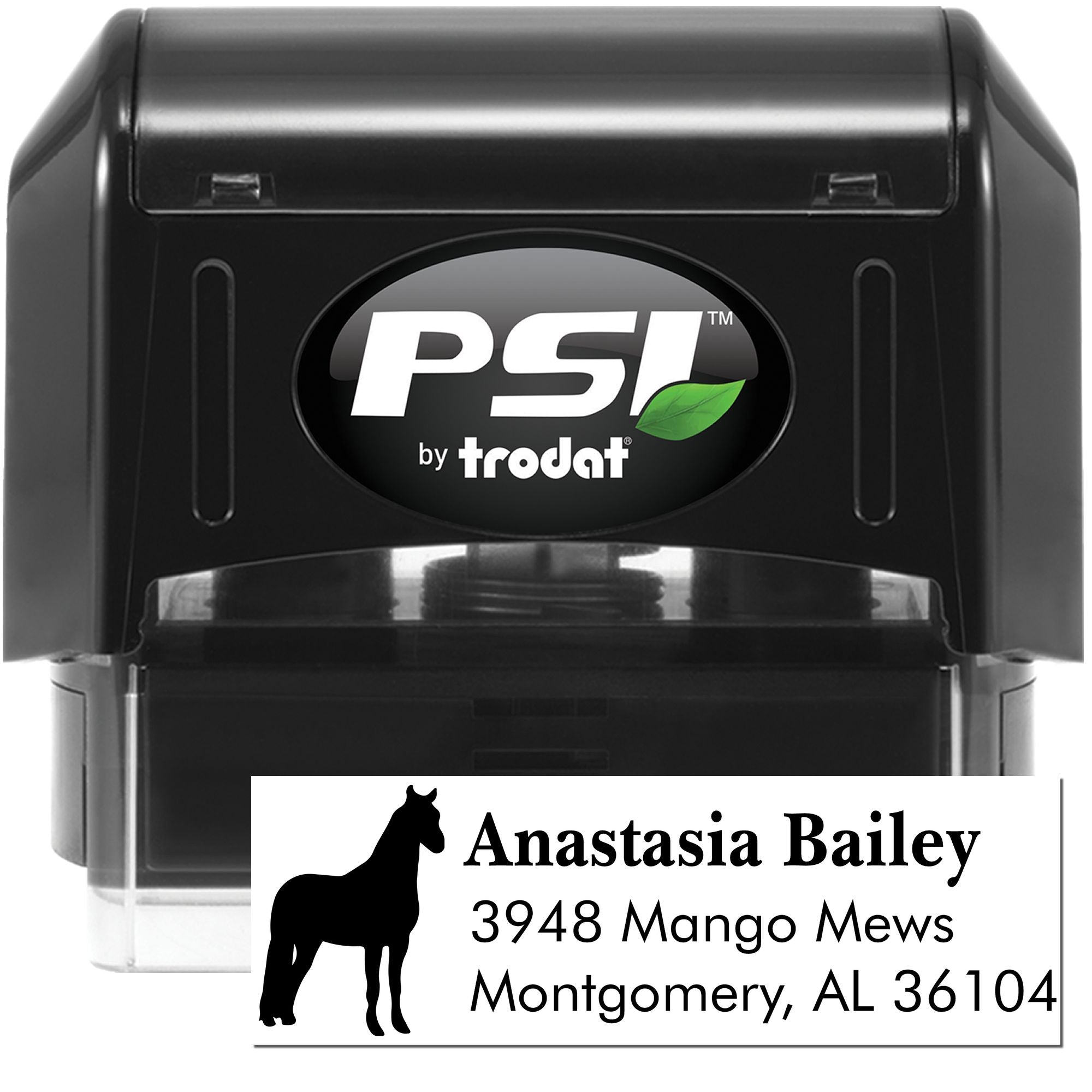 PSI by Trodat self-inking custom address rubber stamp with horse silhouette and personalized return address imprint.