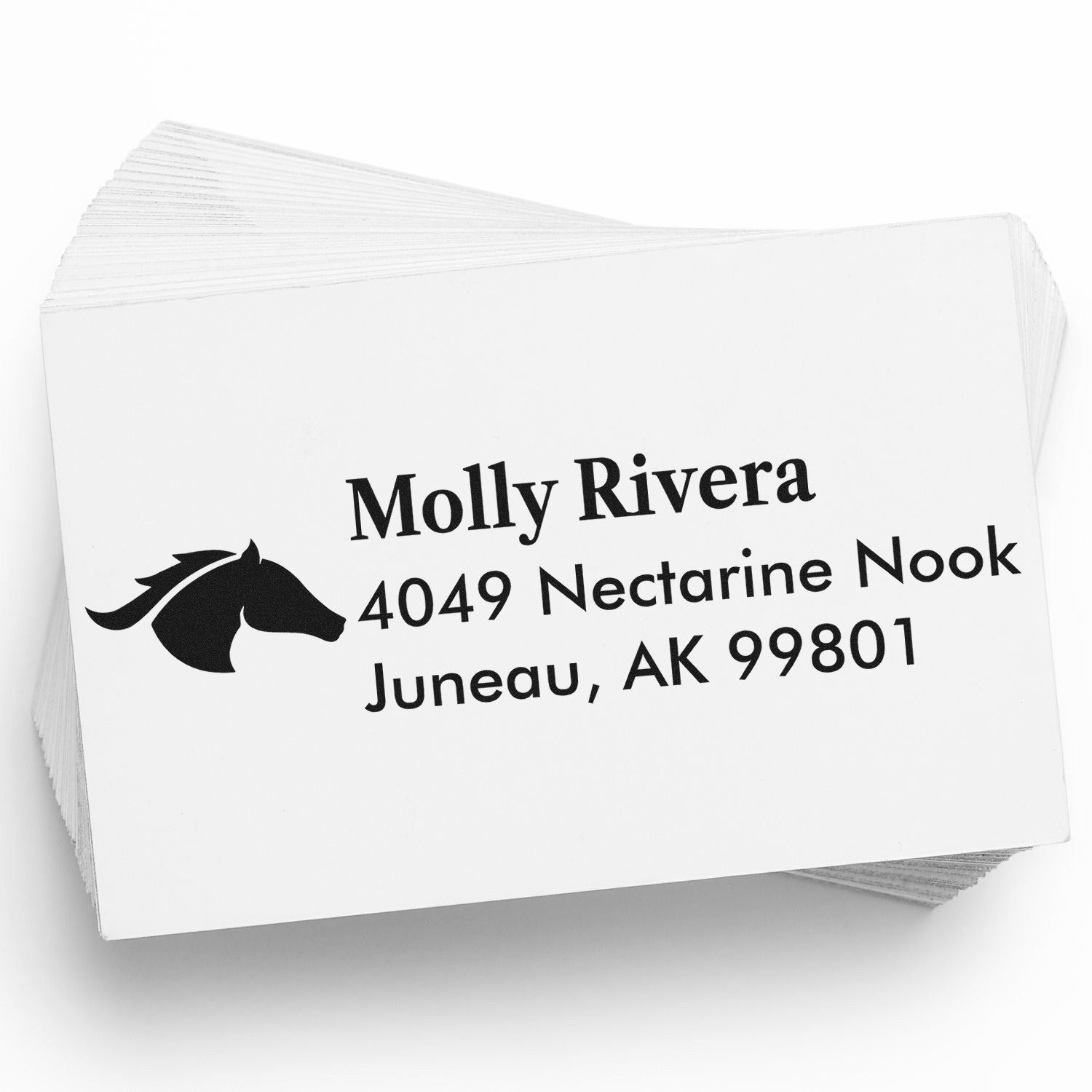 Custom horse logo address rubber stamp for Molly Rivera, 4049 Nectarine Nook, Juneau, AK 99801.
