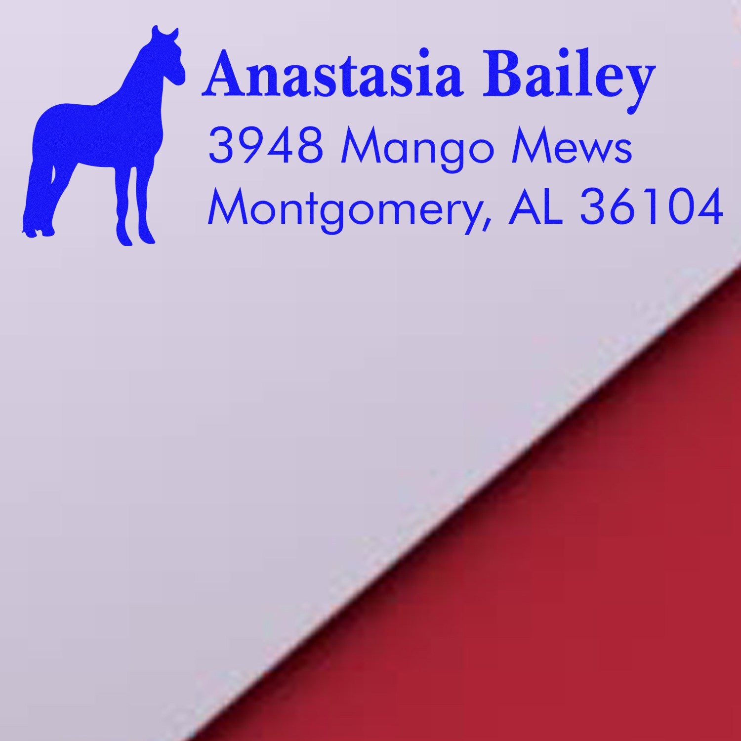 Personalized horse return address rubber stamp with Anastasia Bailey name and Montgomery, AL 36104 address