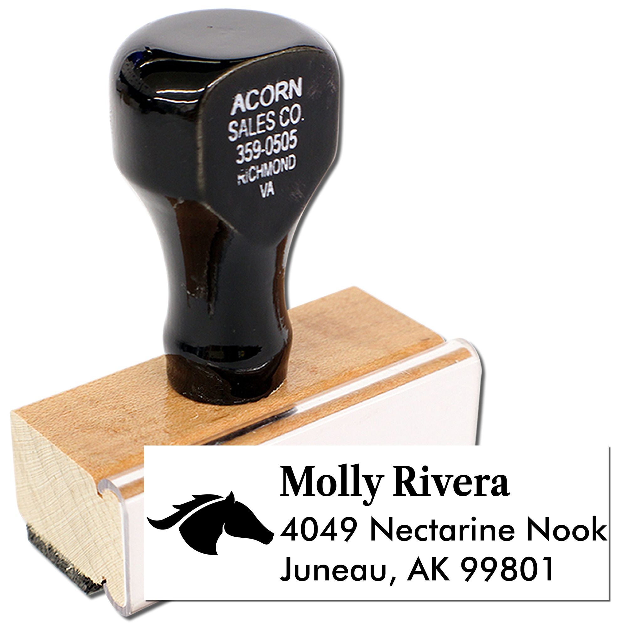 Custom horse return address rubber stamp with personalized name and Juneau, AK address.