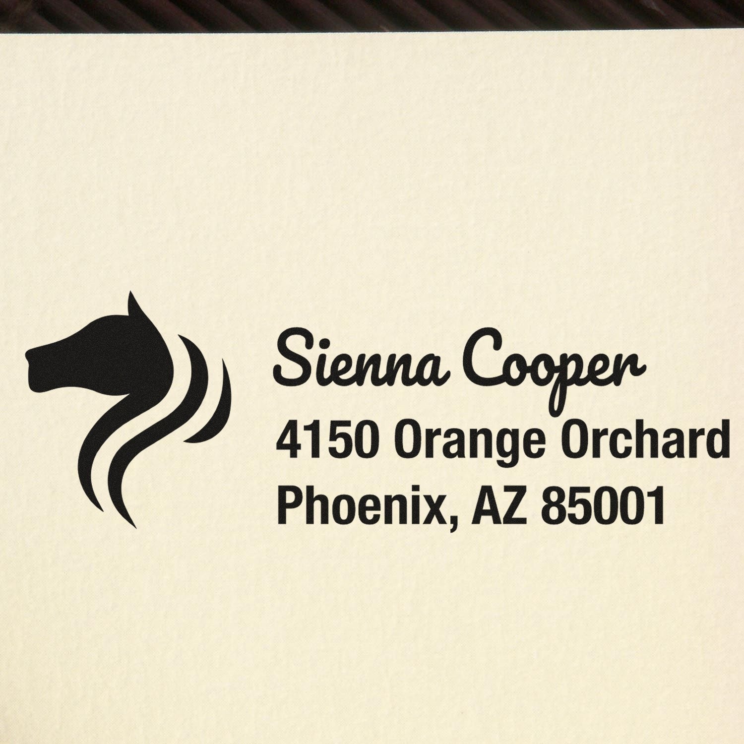 Custom horse logo address rubber stamp for Sienna Cooper, Phoenix, AZ 85001