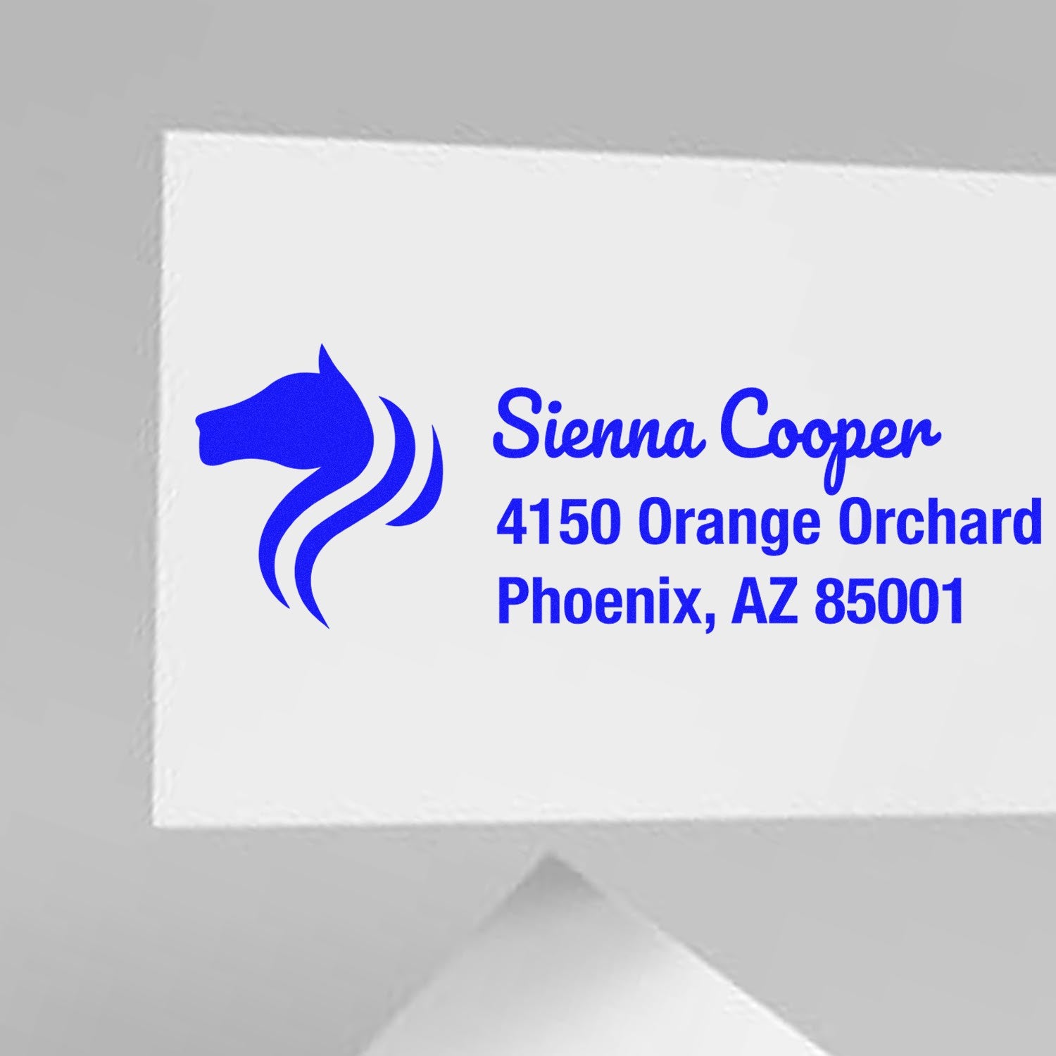 Custom rubber stamp with horse logo and return address for Sienna Cooper, Phoenix, AZ 85001