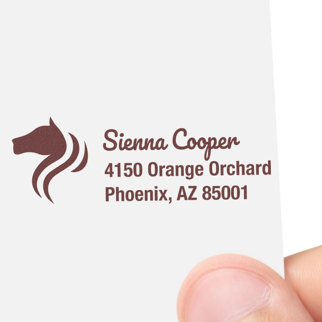 Personalized rubber stamp with horse logo and return address for Sienna Cooper, Phoenix, AZ 85001