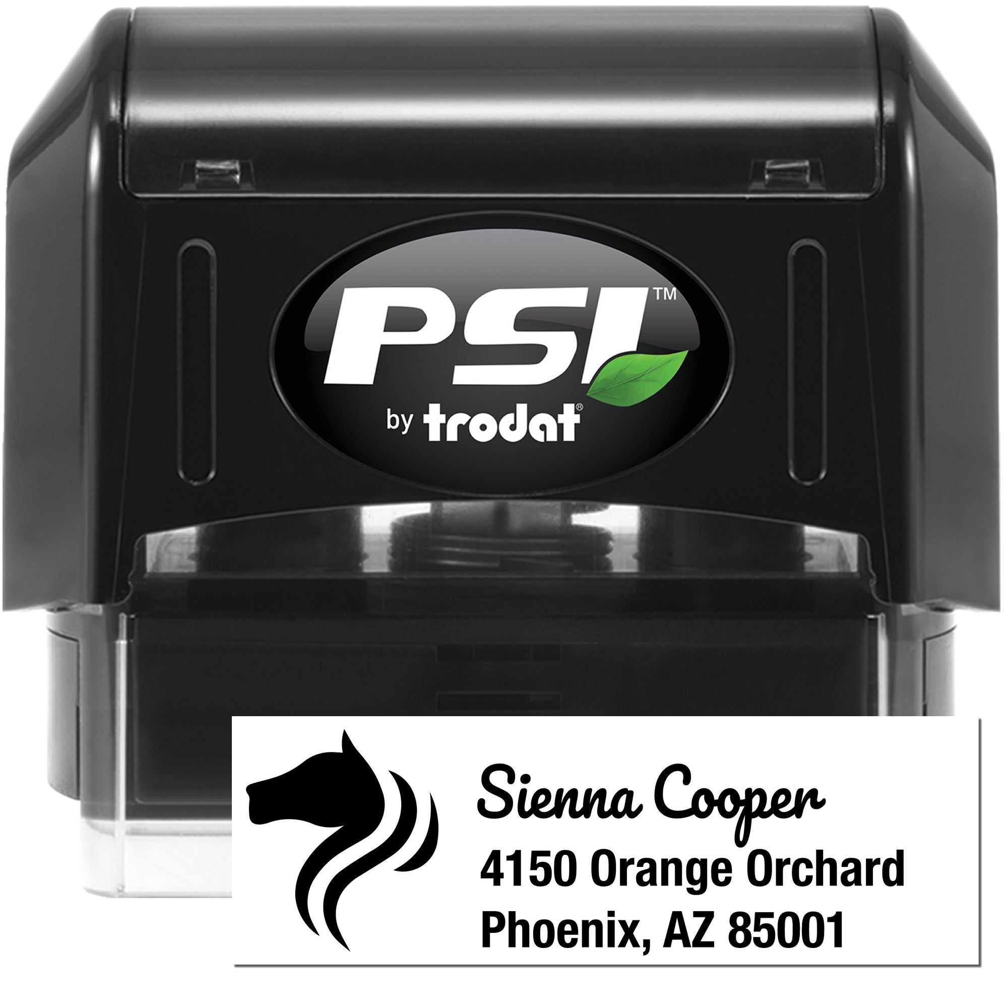 PSI by Trodat self-inking rubber address stamp with custom horse logo and Phoenix return address for business mail.
