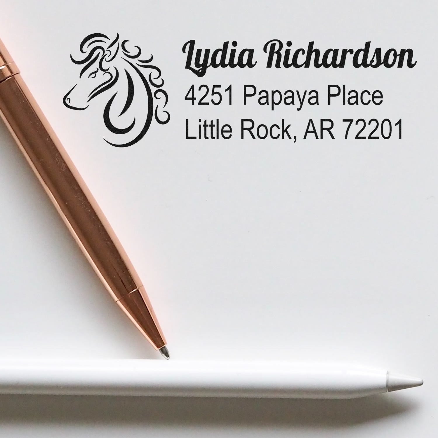 Custom horse return address rubber stamp for Lydia Richardson, Little Rock, AR 72201, with decorative equestrian logo.