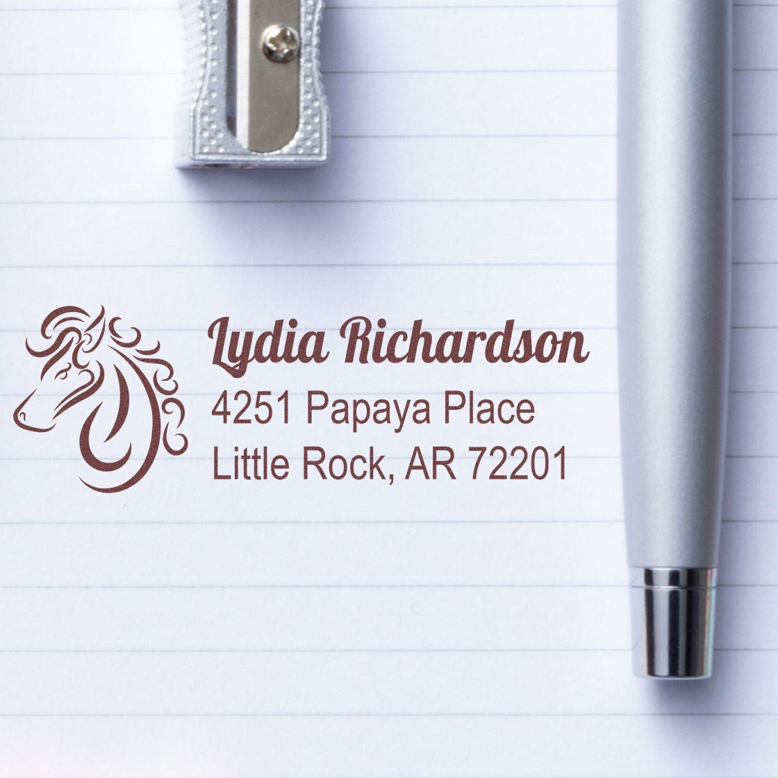 Personalized return address rubber stamp with horse design for Lydia Richardson, Little Rock, AR 72201