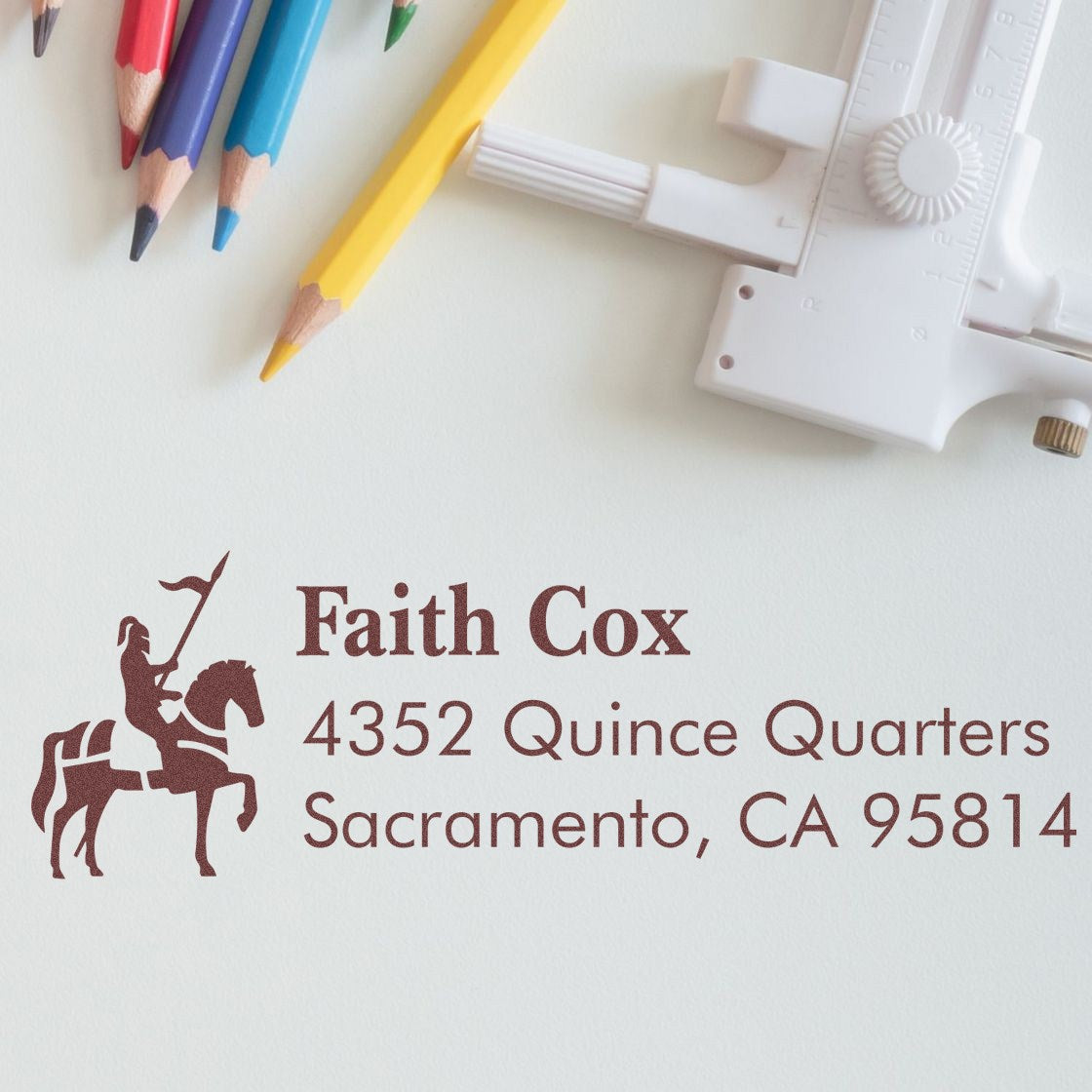 Personalized equestrian address rubber stamp for Faith Cox, Sacramento CA, with rider logo for mailing and stationery.