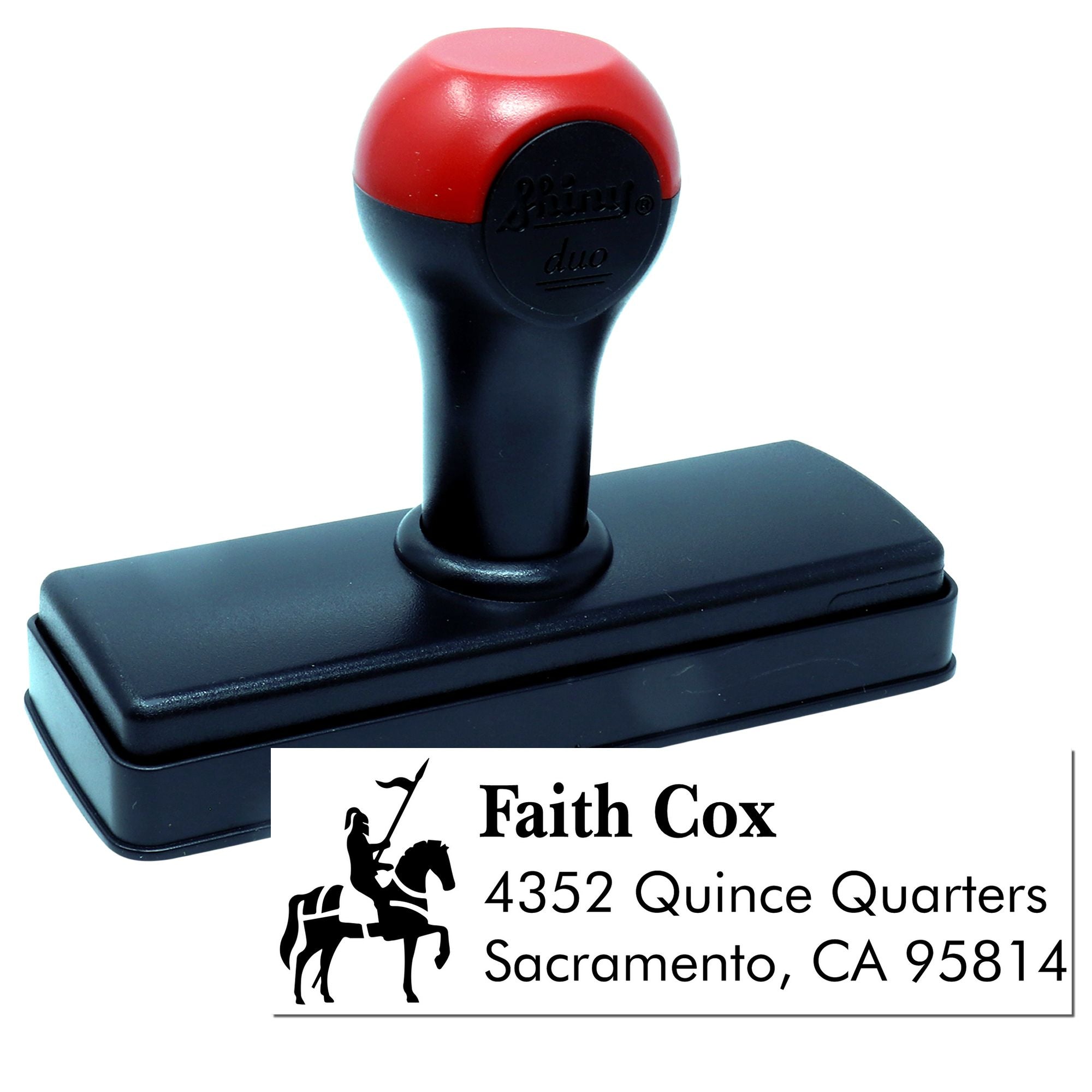 Custom self-inking rubber return address stamp with Faith Cox Sacramento, CA imprint and horse rider logo.