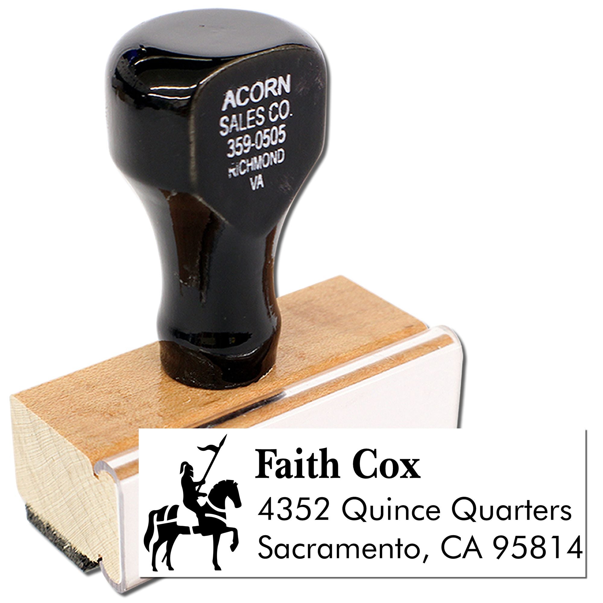Custom horse address rubber stamp for Faith Cox, Sacramento, CA, with equestrian logo and return address.
