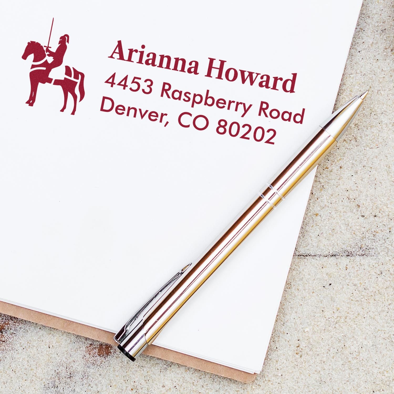 Custom return address rubber stamp impression with horse rider design and name, street address, and Denver, CO details.