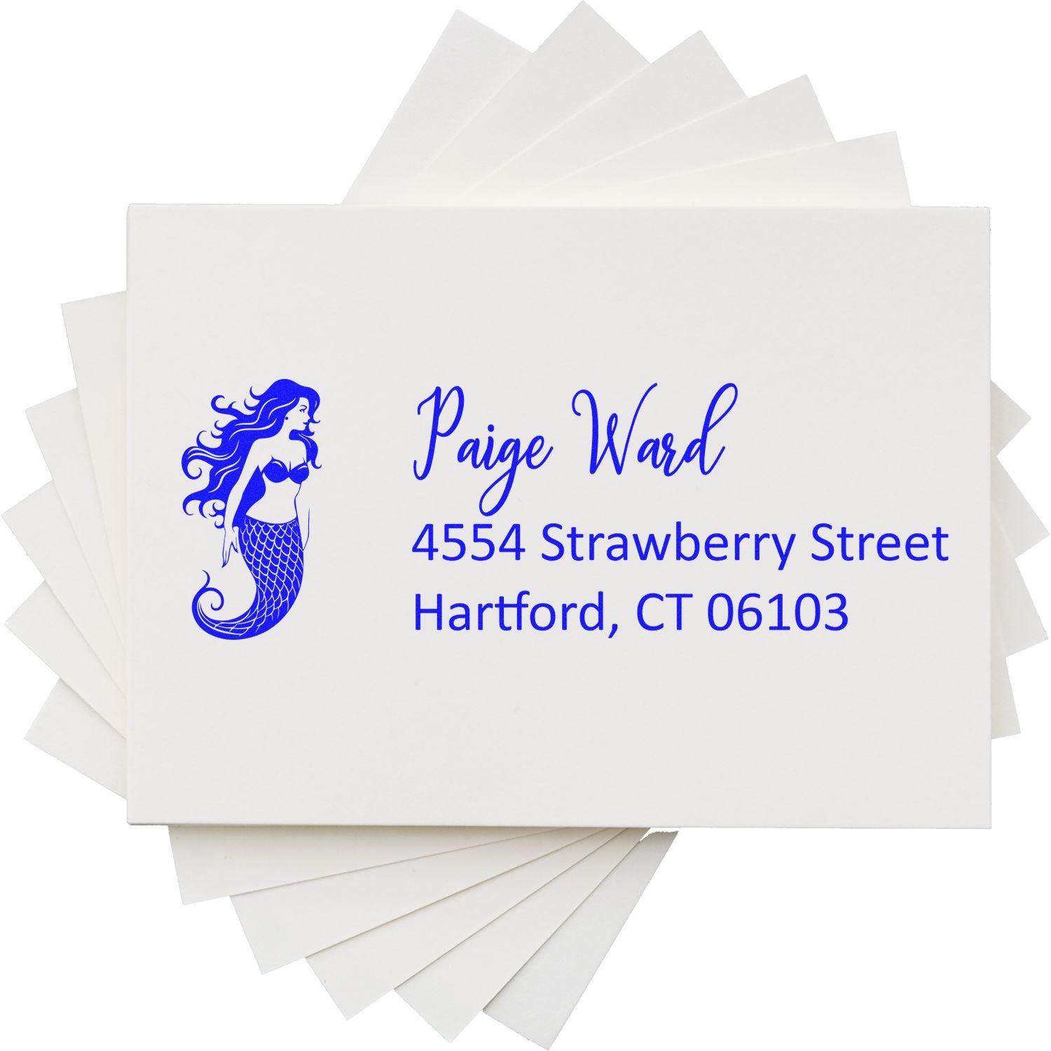 Custom rubber address stamp with mermaid design and return address for Paige Ward in Hartford, CT.