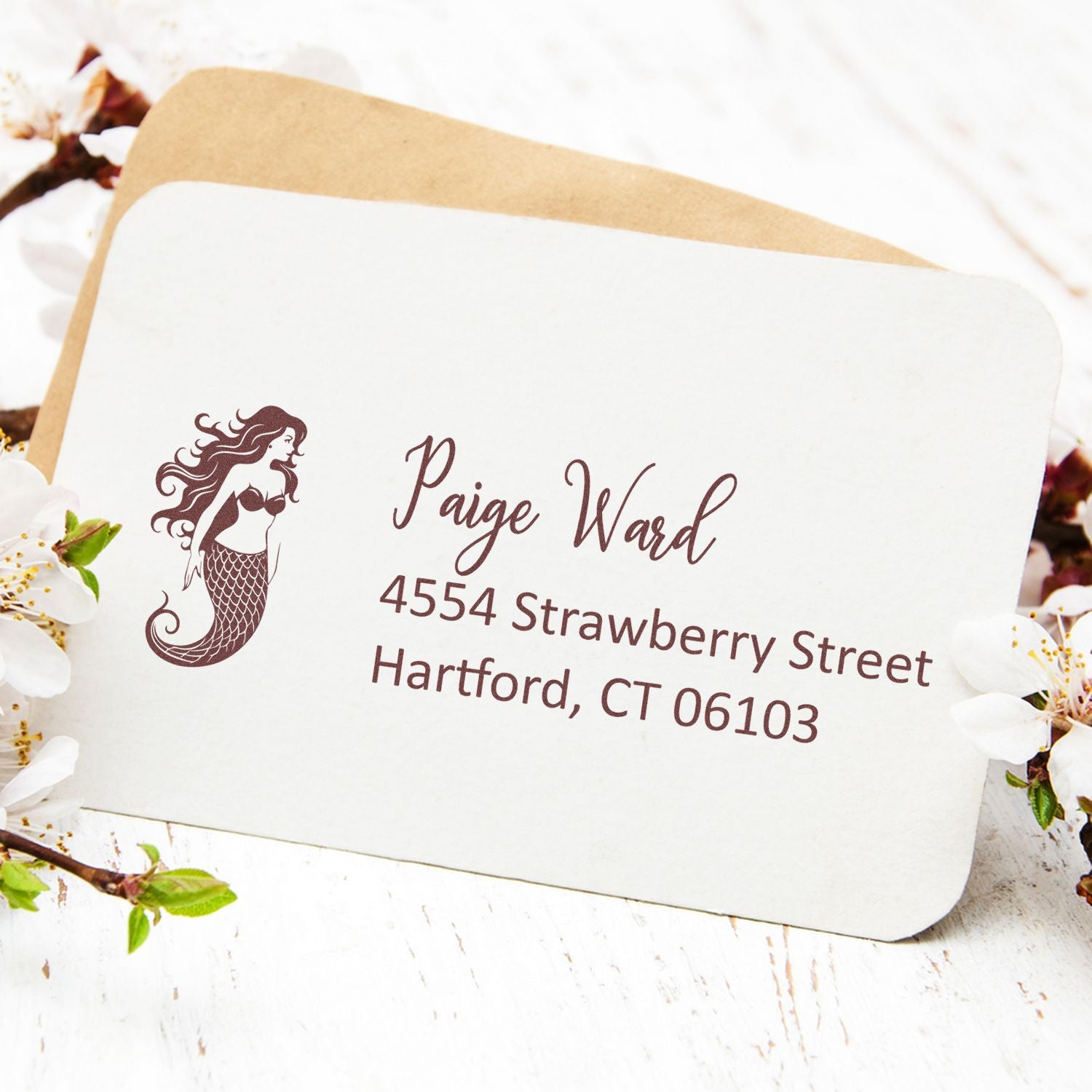 Personalized mermaid return address rubber stamp with name and Hartford, CT mailing address on envelope