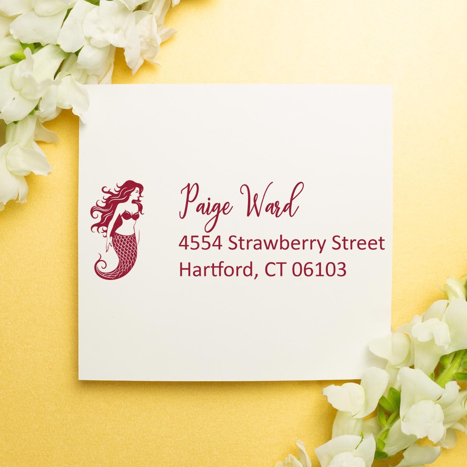 Personalized mermaid return address rubber stamp with custom name and Hartford, CT mailing address.