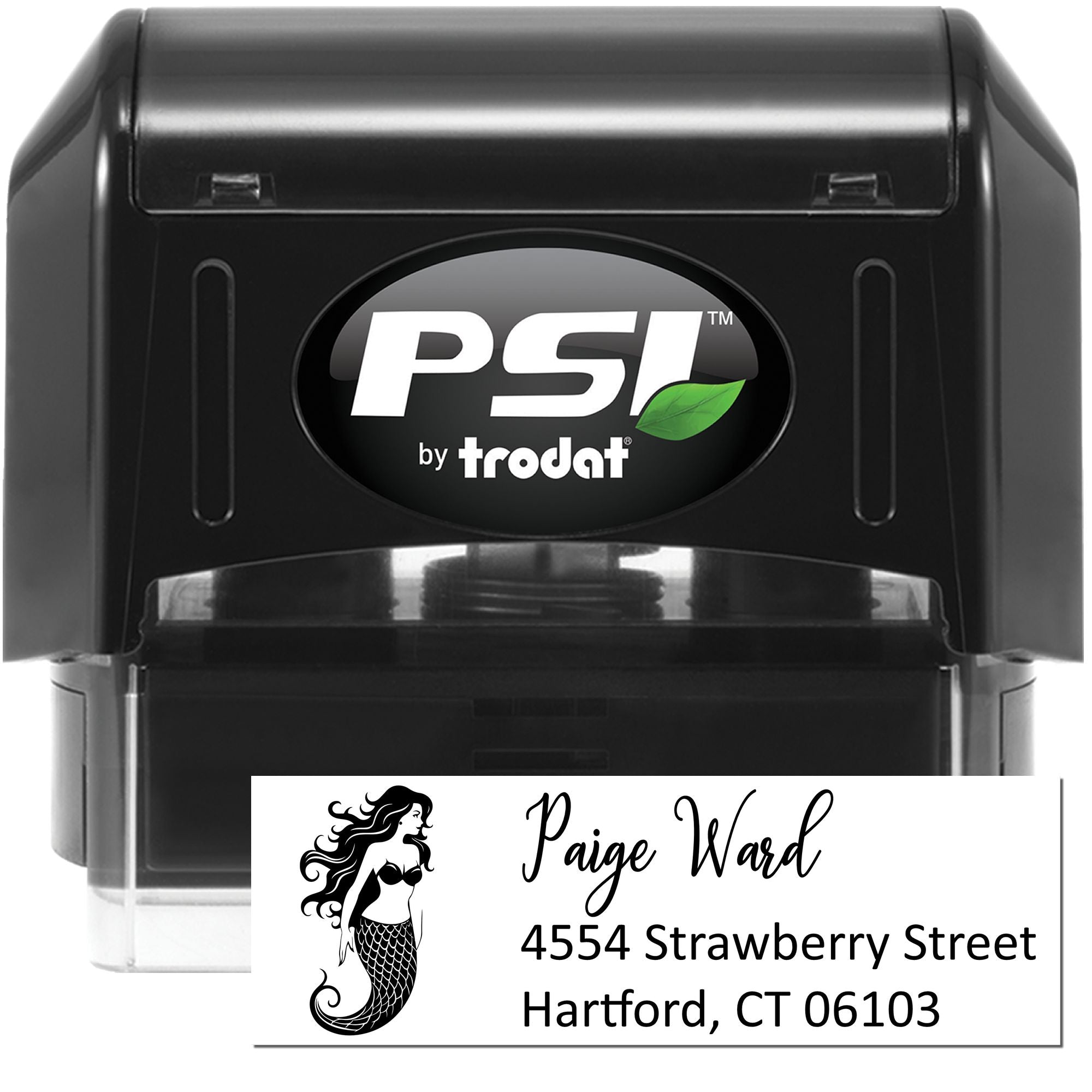 PSI by Trodat self-inking rubber stamp with custom mermaid address design for Paige Ward, Hartford, CT 06103