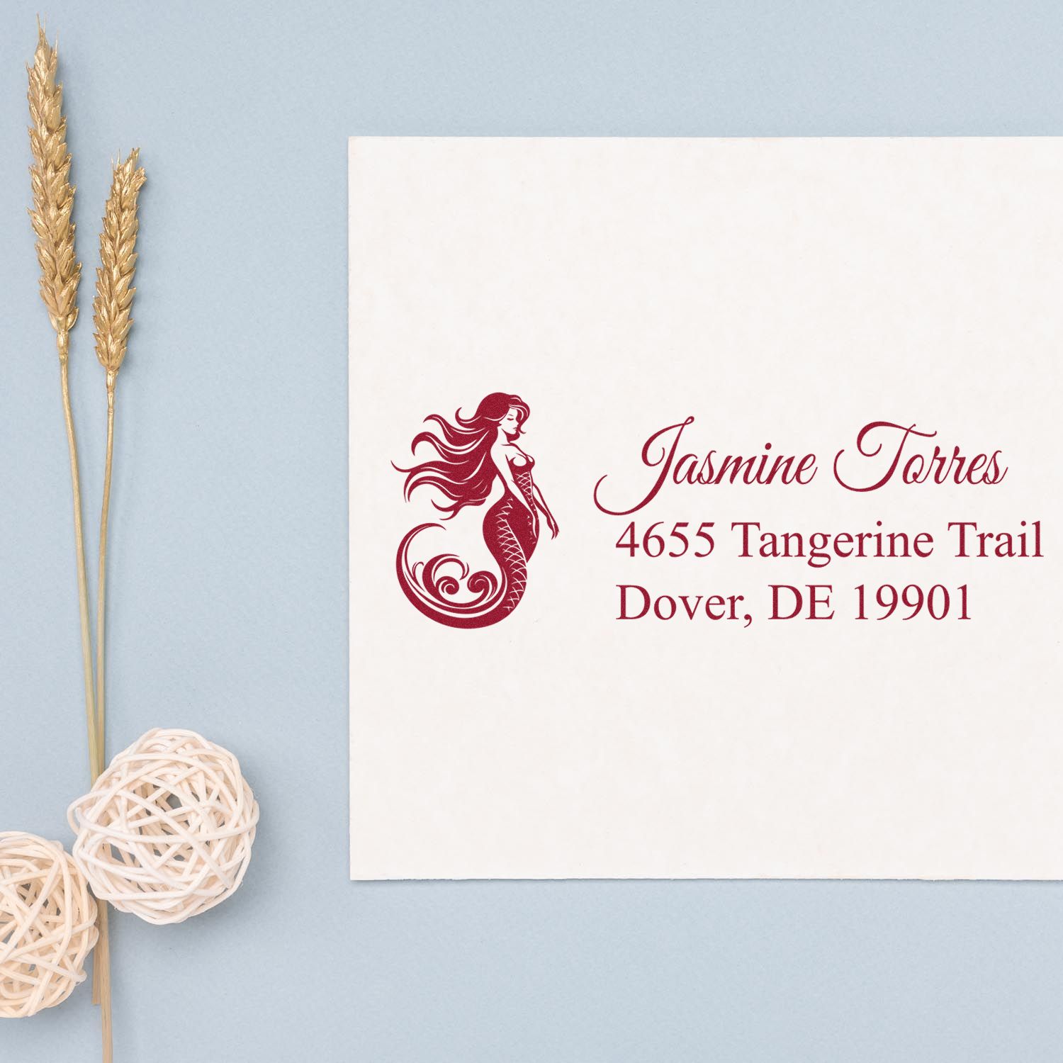 Custom mermaid return address rubber stamp with Jasmine Torres address printed on stationery, Dover, DE 19901.