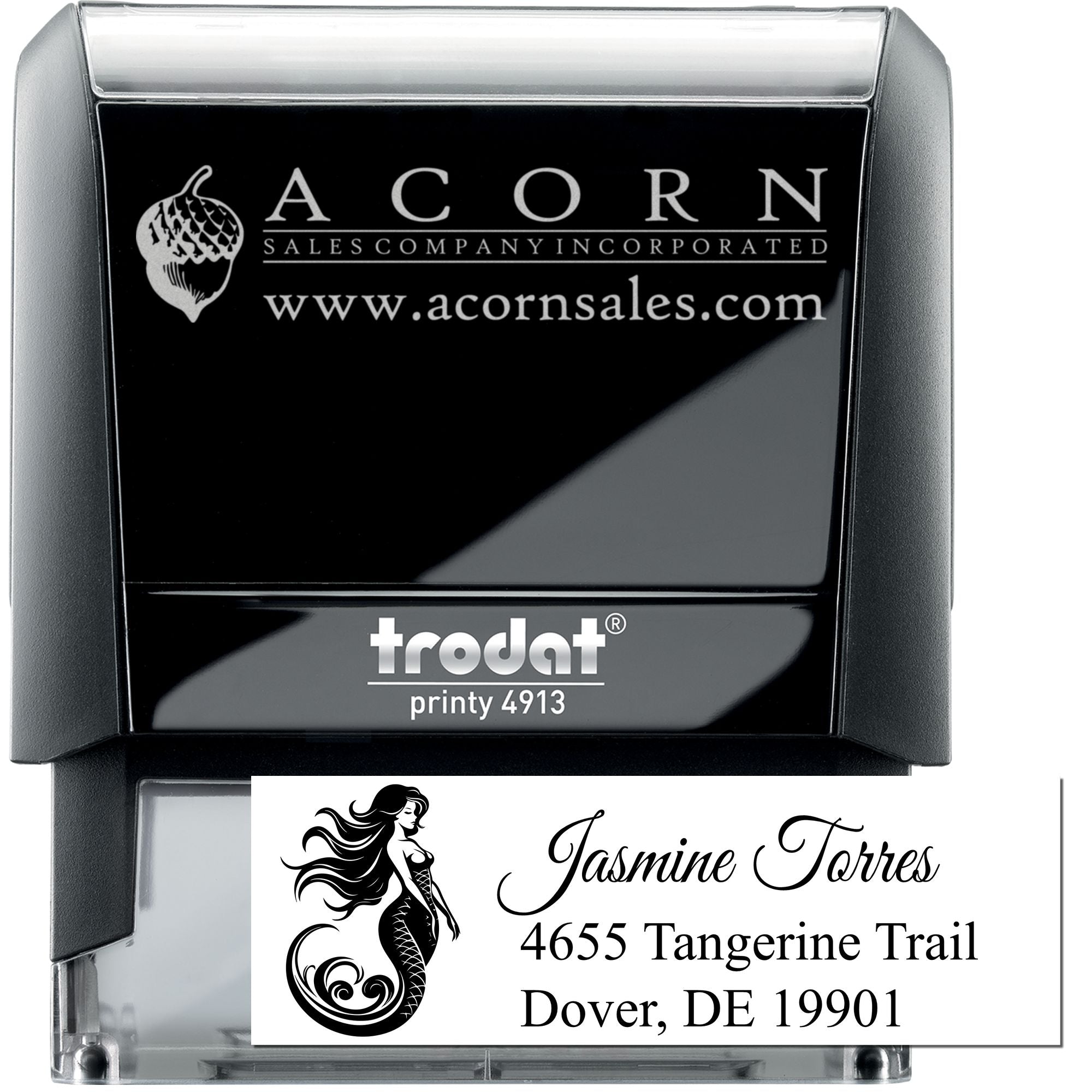 Custom self-inking rubber stamp with business logo and address, Trodat Printy 4913 address stamp