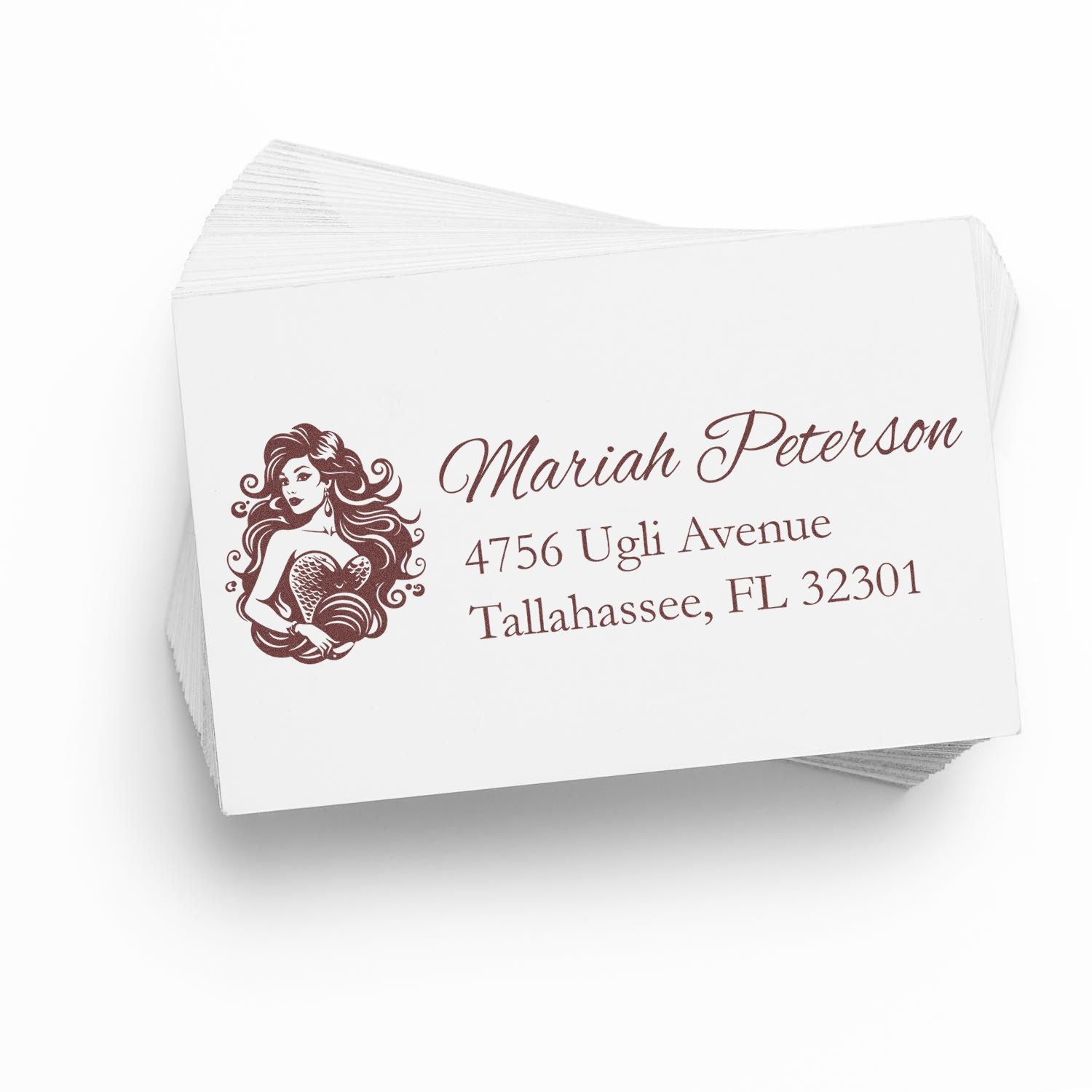Custom rubber stamp return address design with decorative woman logo for Mariah Peterson, Tallahassee, FL.