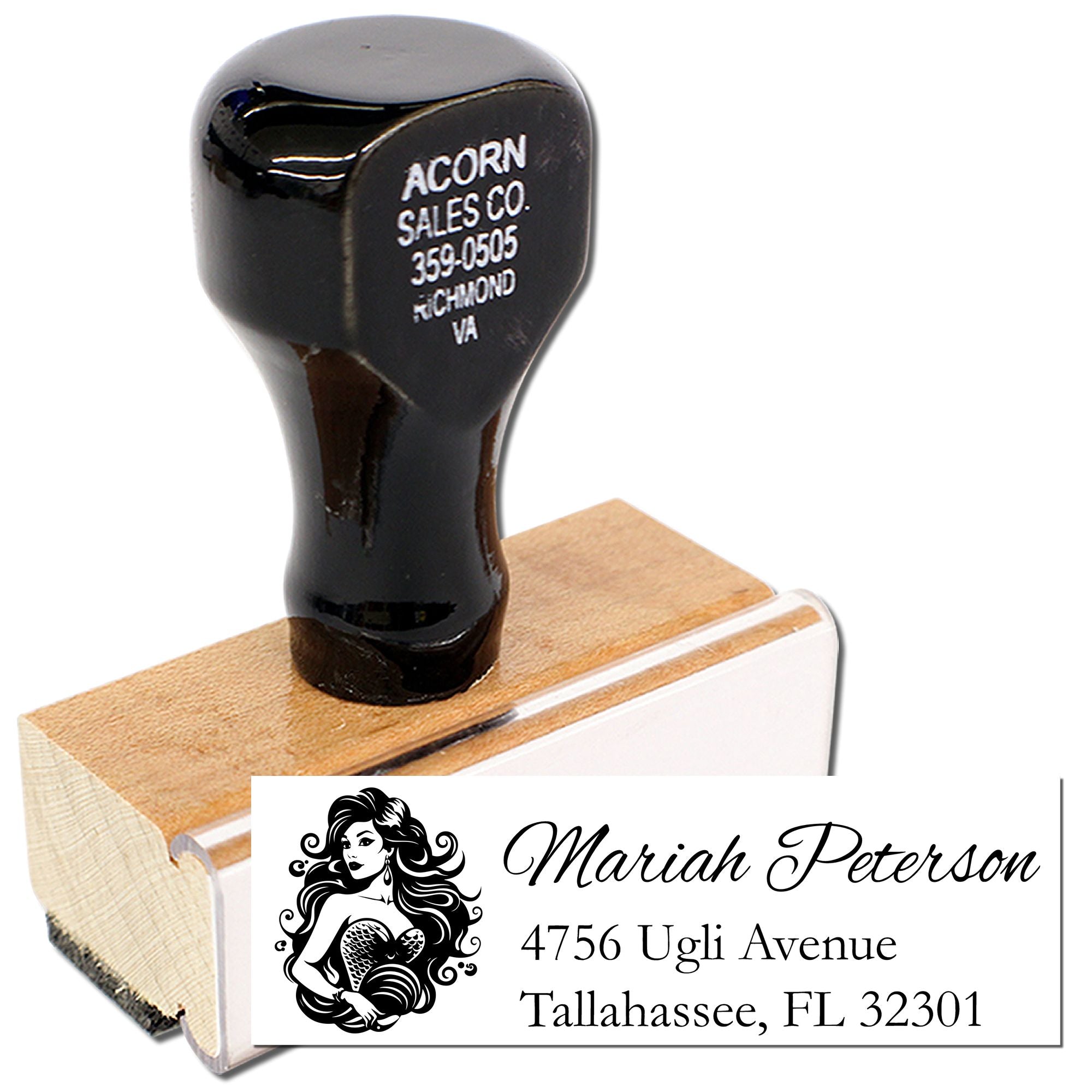 Personalized return address rubber stamp with mermaid logo, ideal for custom mailing, invitations, and stationery.