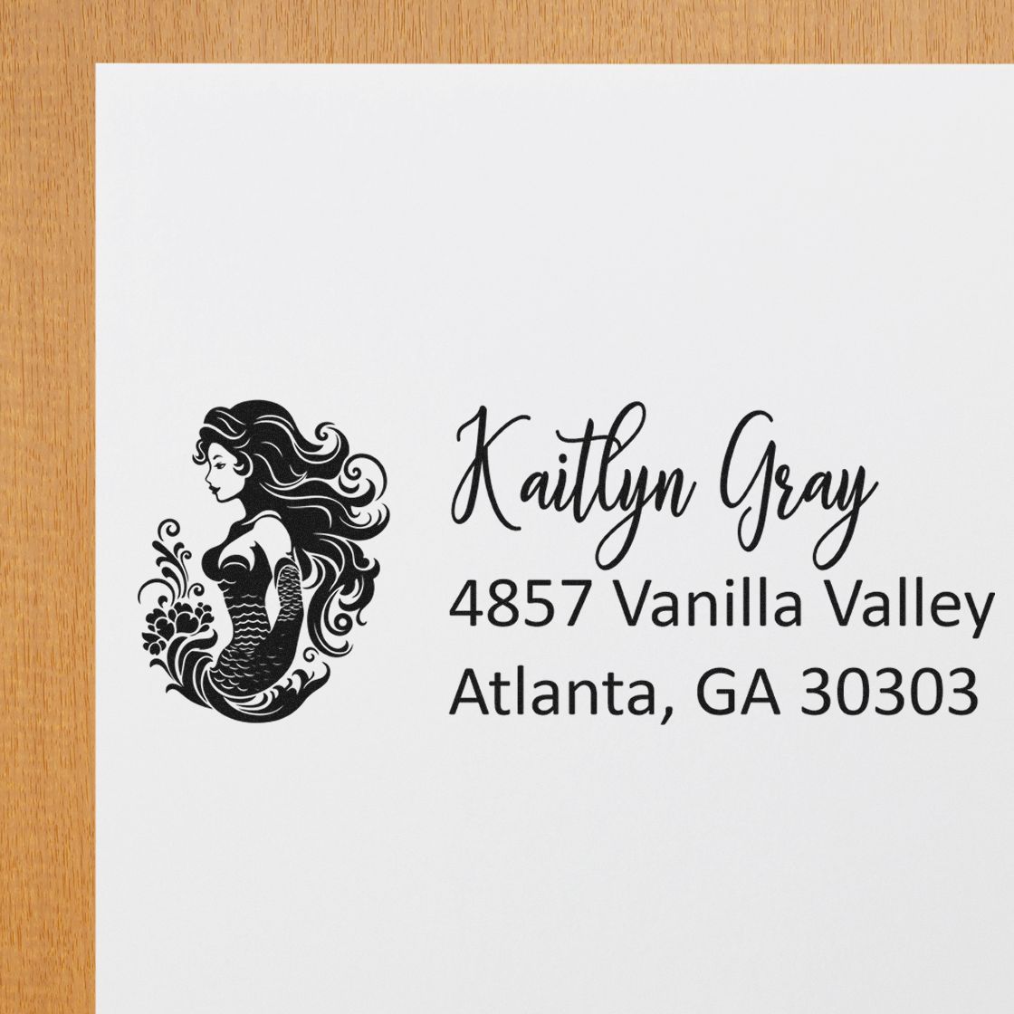 Custom mermaid return address rubber stamp with name and Atlanta, GA mailing address for personalized envelopes.