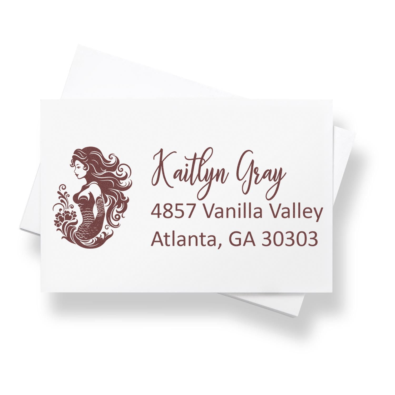 Custom mermaid return address rubber stamp for Kaitlyn Gray in Atlanta, GA, for personalized envelope mailing