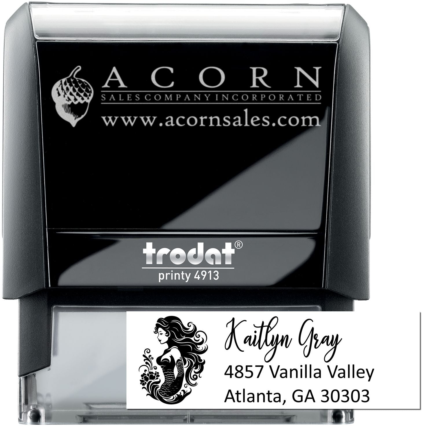 Custom self-inking rubber stamp with business logo and personalized address stamp design for branding and mailing.