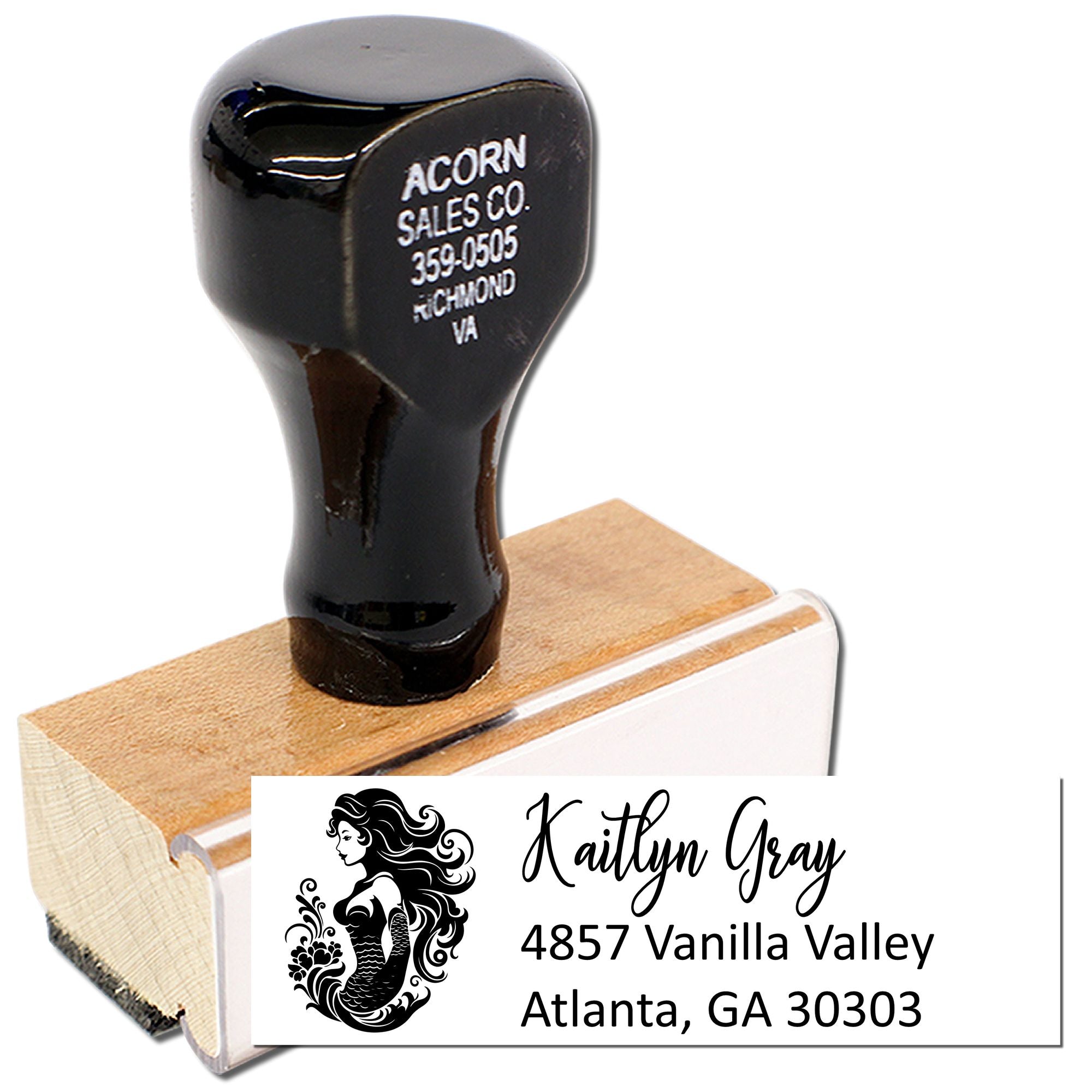 Custom address rubber stamp with mermaid logo, showing a personalized business mailing stamp sample for Atlanta, GA branding
