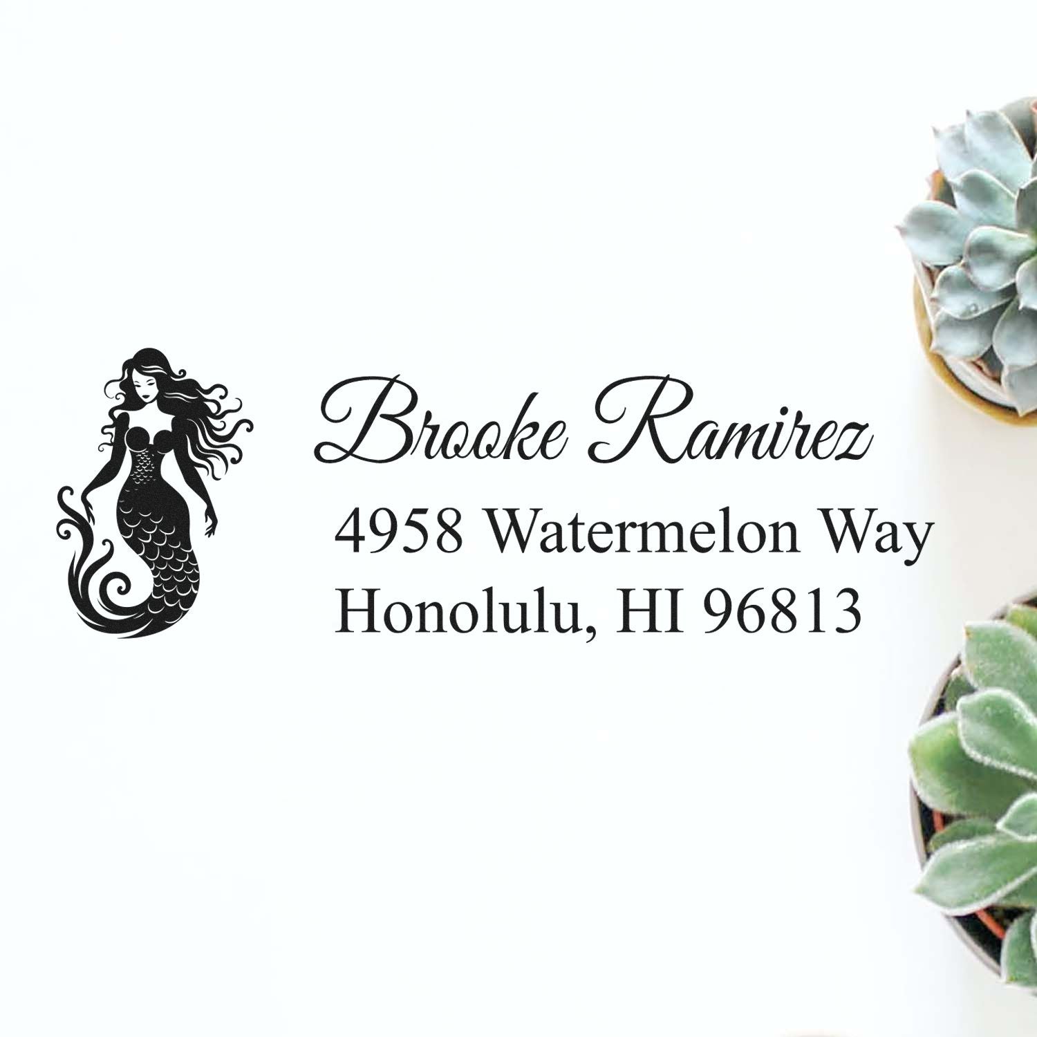 Custom mermaid address rubber stamp for Brooke Ramirez, 4958 Watermelon Way, Honolulu, HI 96813