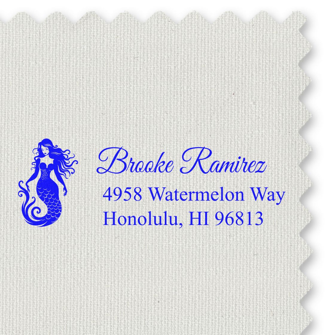 Custom mermaid return address rubber stamp for Brooke Ramirez, Honolulu, HI 96813, ideal for envelopes and stationery.