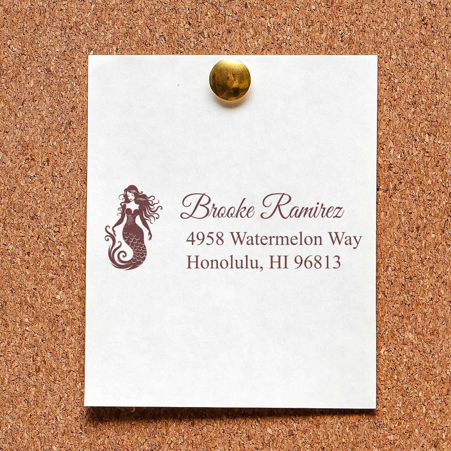 Personalized mermaid return address rubber stamp with Brooke Ramirez, Honolulu, HI 96813.