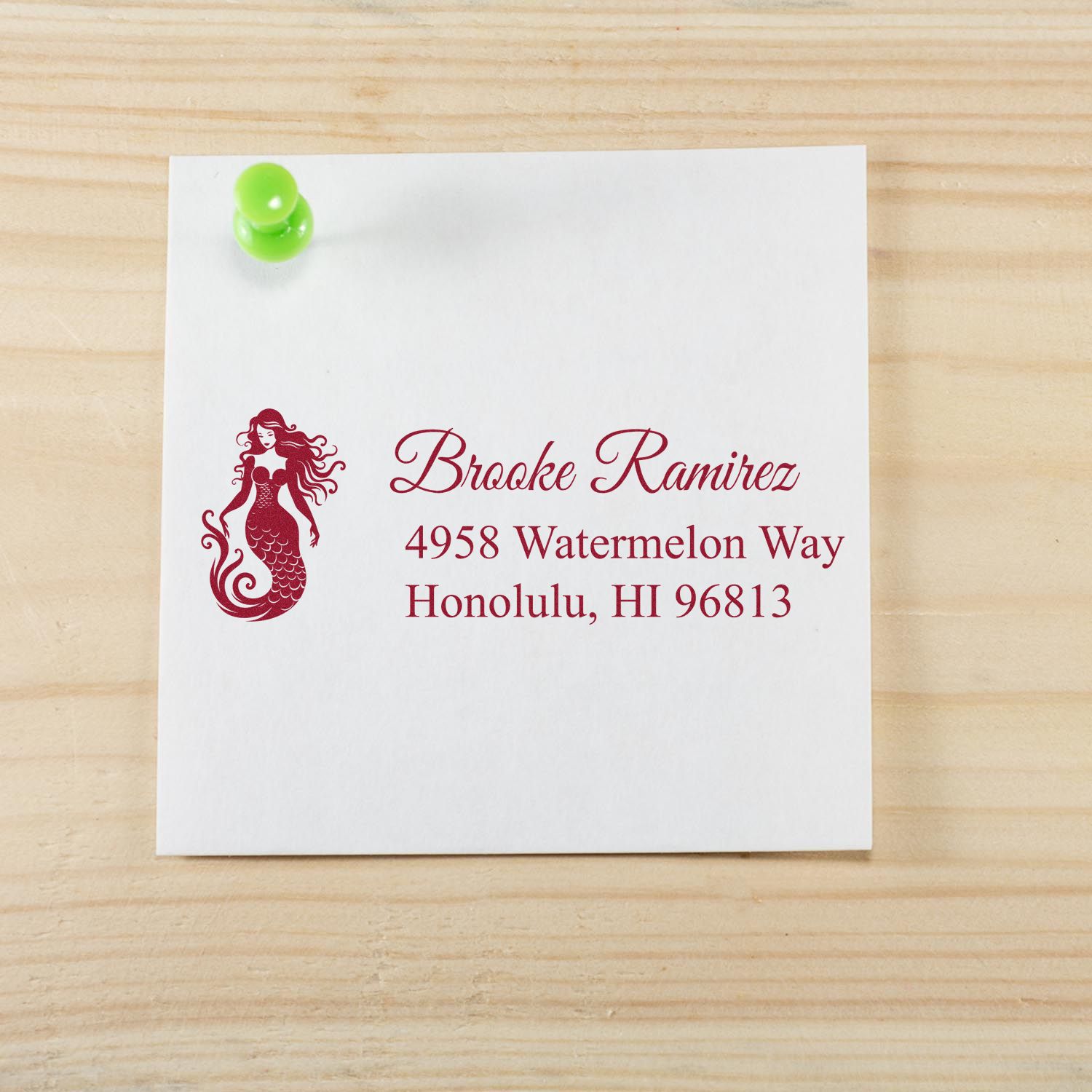 Custom mermaid return address rubber stamp for personalized envelopes with name and Honolulu address