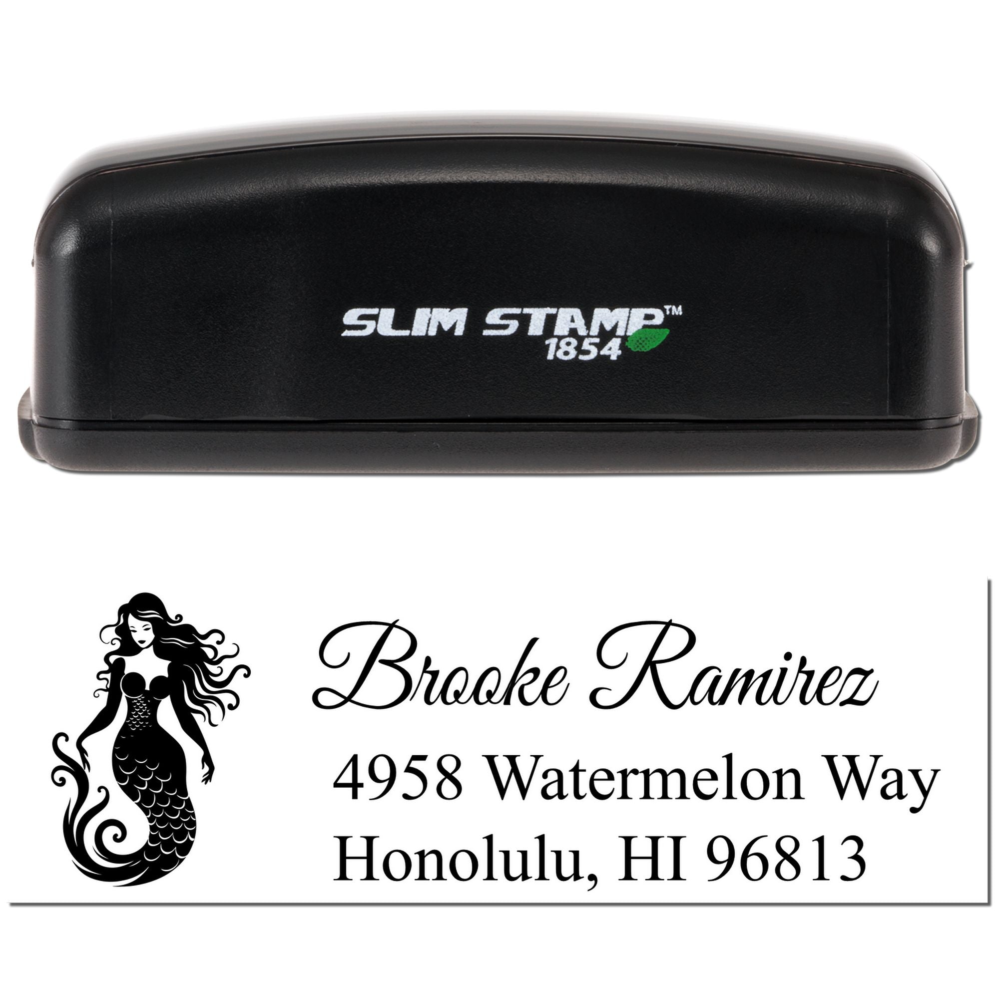 Custom mermaid address rubber stamp with Slim Stamp 1854 case, personalized with name and Honolulu, HI mailing address.