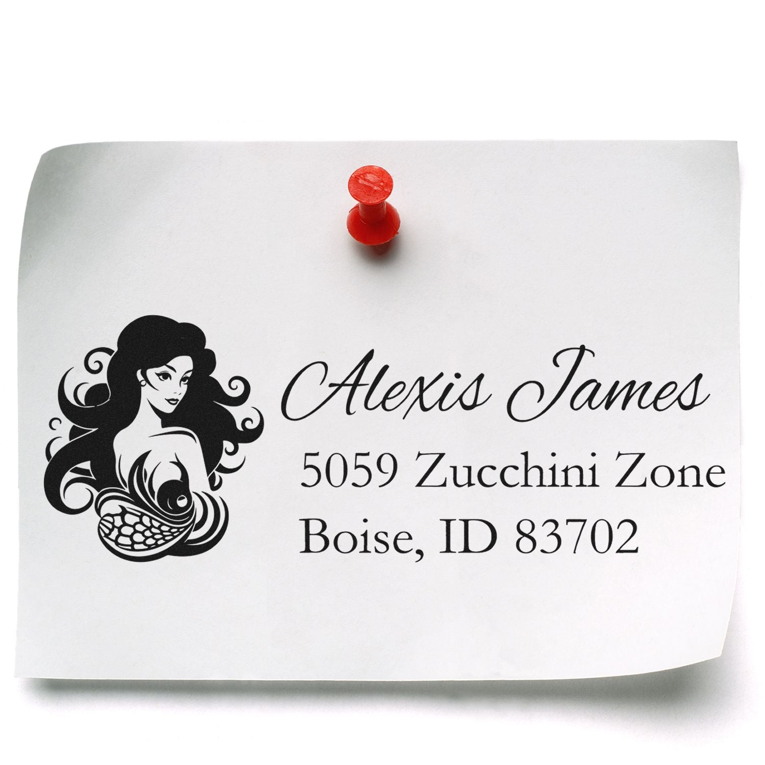 Custom return address rubber stamp with mermaid design for Alexis James, Boise, ID 83702