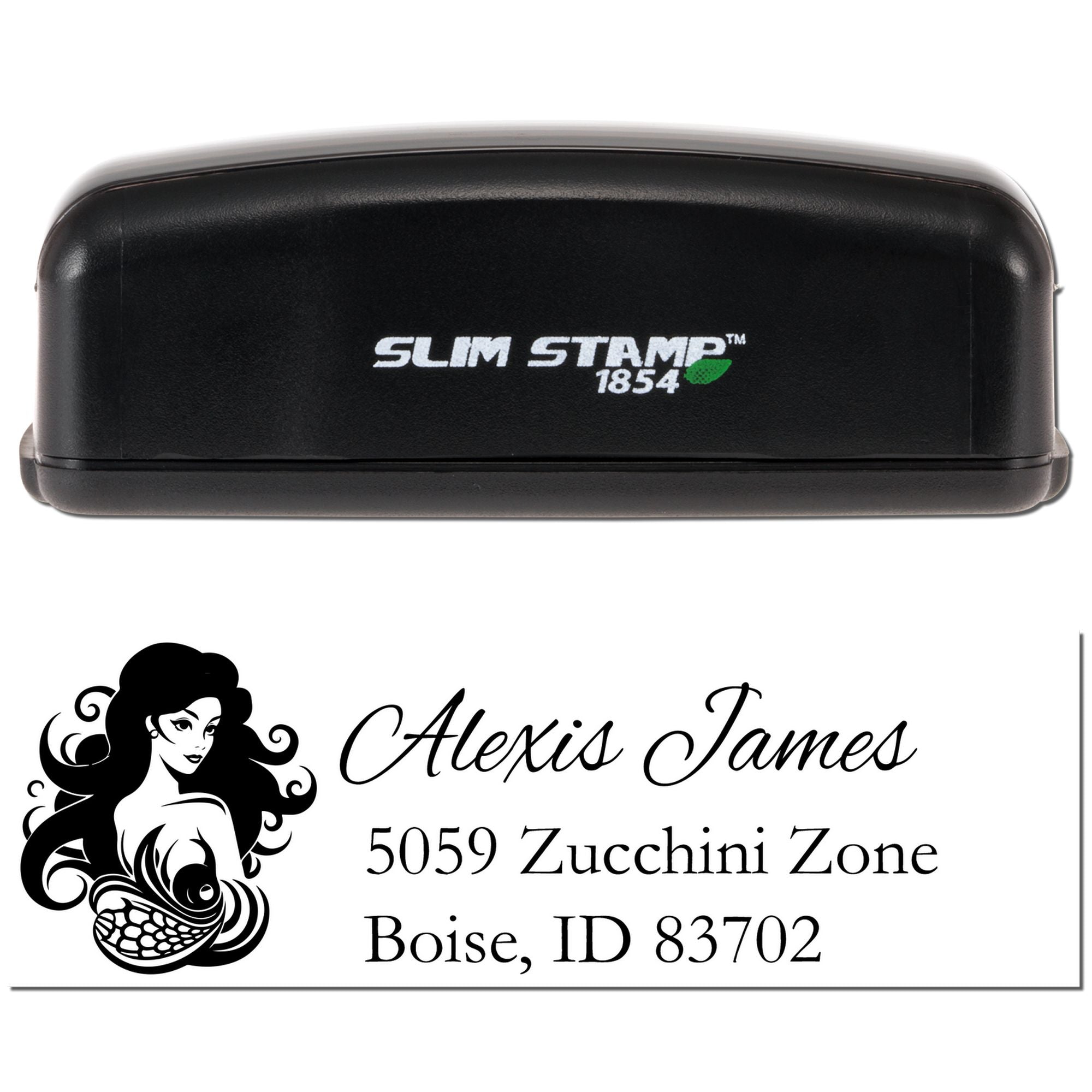 Custom self-inking Slim Stamp 1854 rubber stamp with return address for Alexis James, Boise, ID 83702 and decorative woman graphic.
