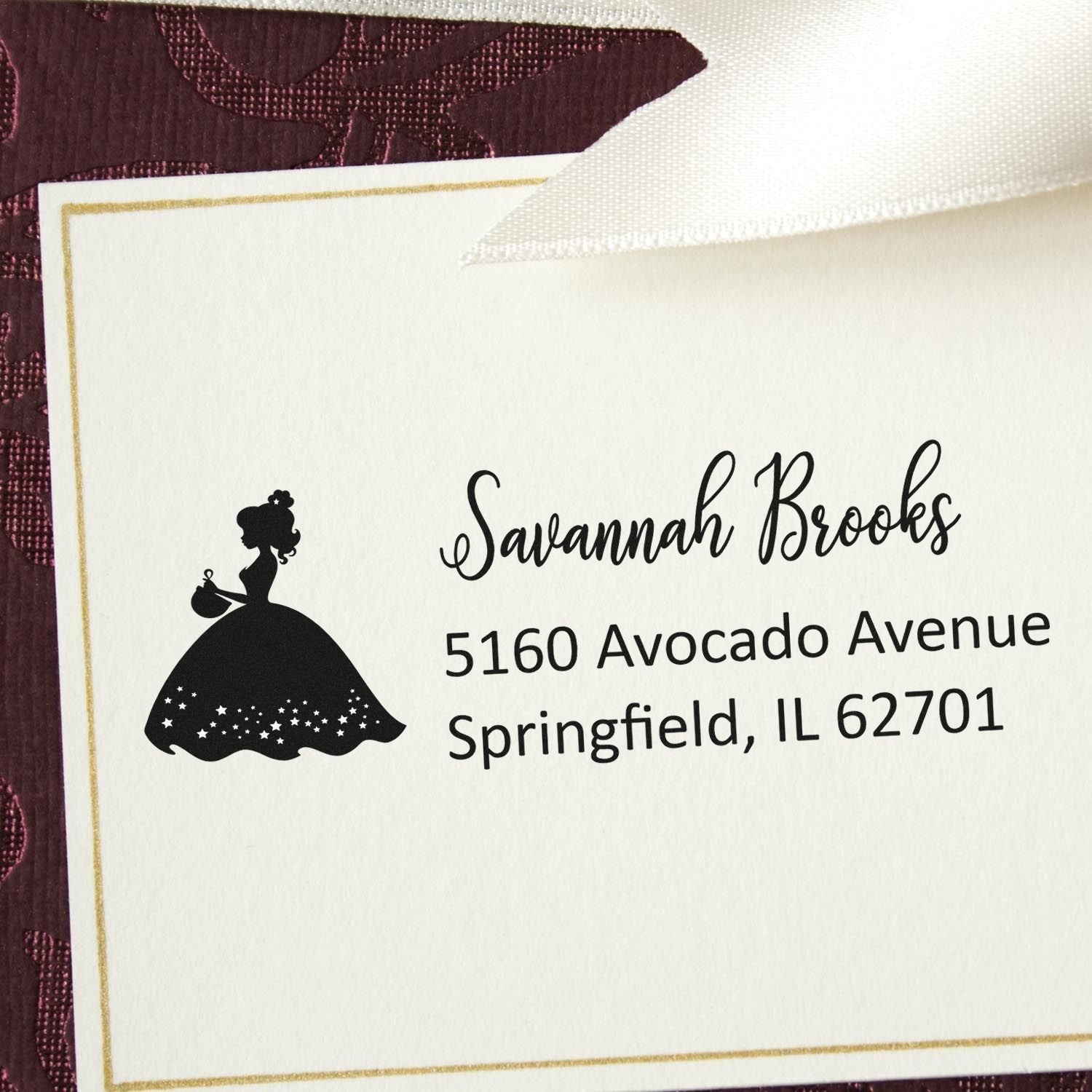 Personalized rubber stamp with princess silhouette, custom return address for Savannah Brooks, Springfield, IL.