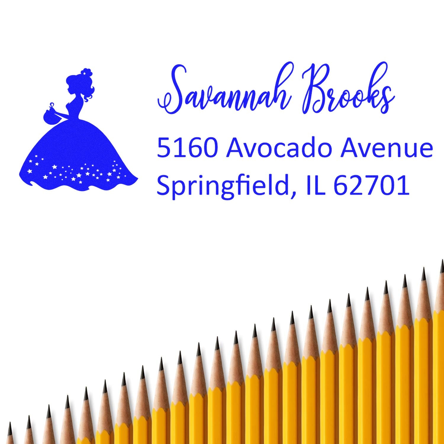 Custom princess return address rubber stamp for Savannah Brooks, 5160 Avocado Avenue, Springfield, IL 62701.