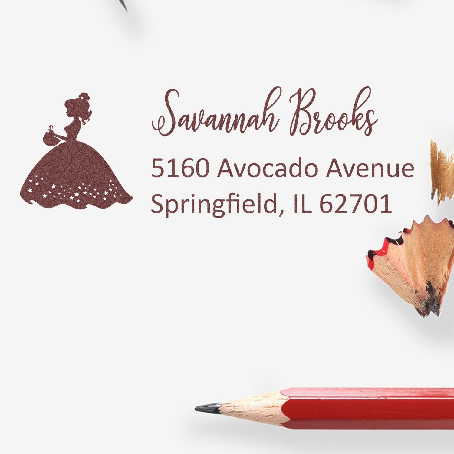 Custom princess return address rubber stamp for Savannah Brooks, 5160 Avocado Avenue, Springfield, IL 62701.