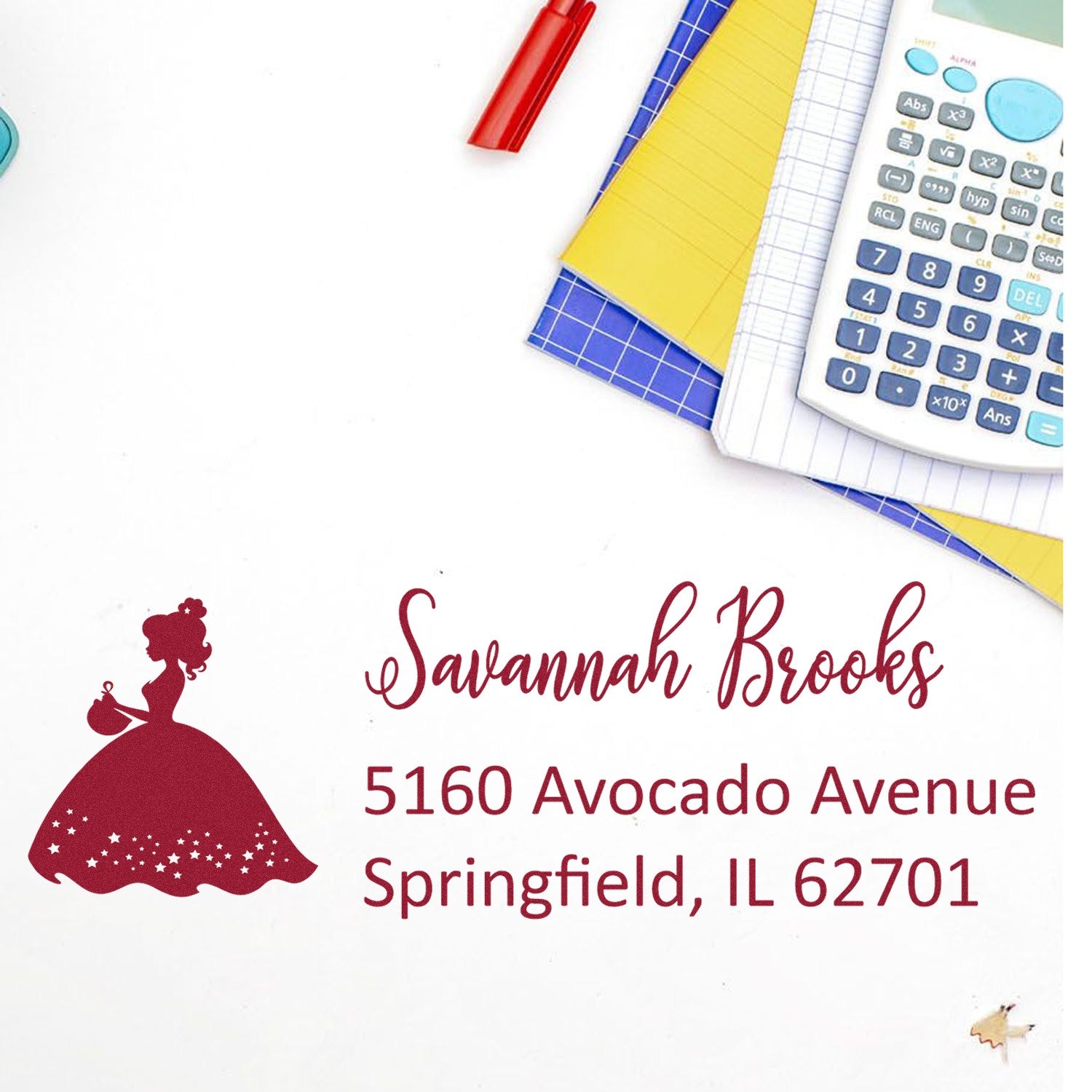 Custom address rubber stamp with princess silhouette for Savannah Brooks, 5160 Avocado Avenue, Springfield, IL 62701.