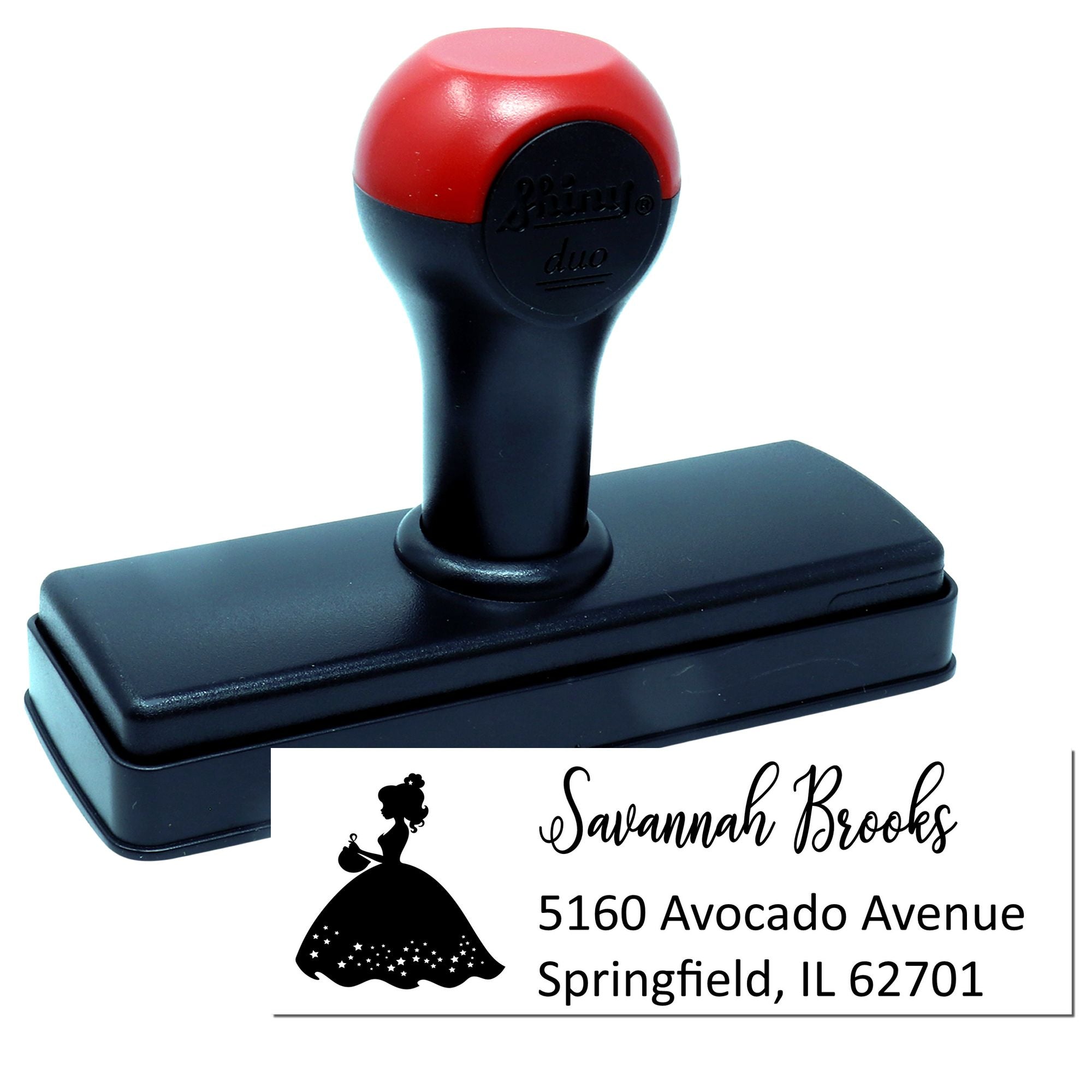 Personalized self-inking return address rubber stamp with name and mailing address for envelopes.