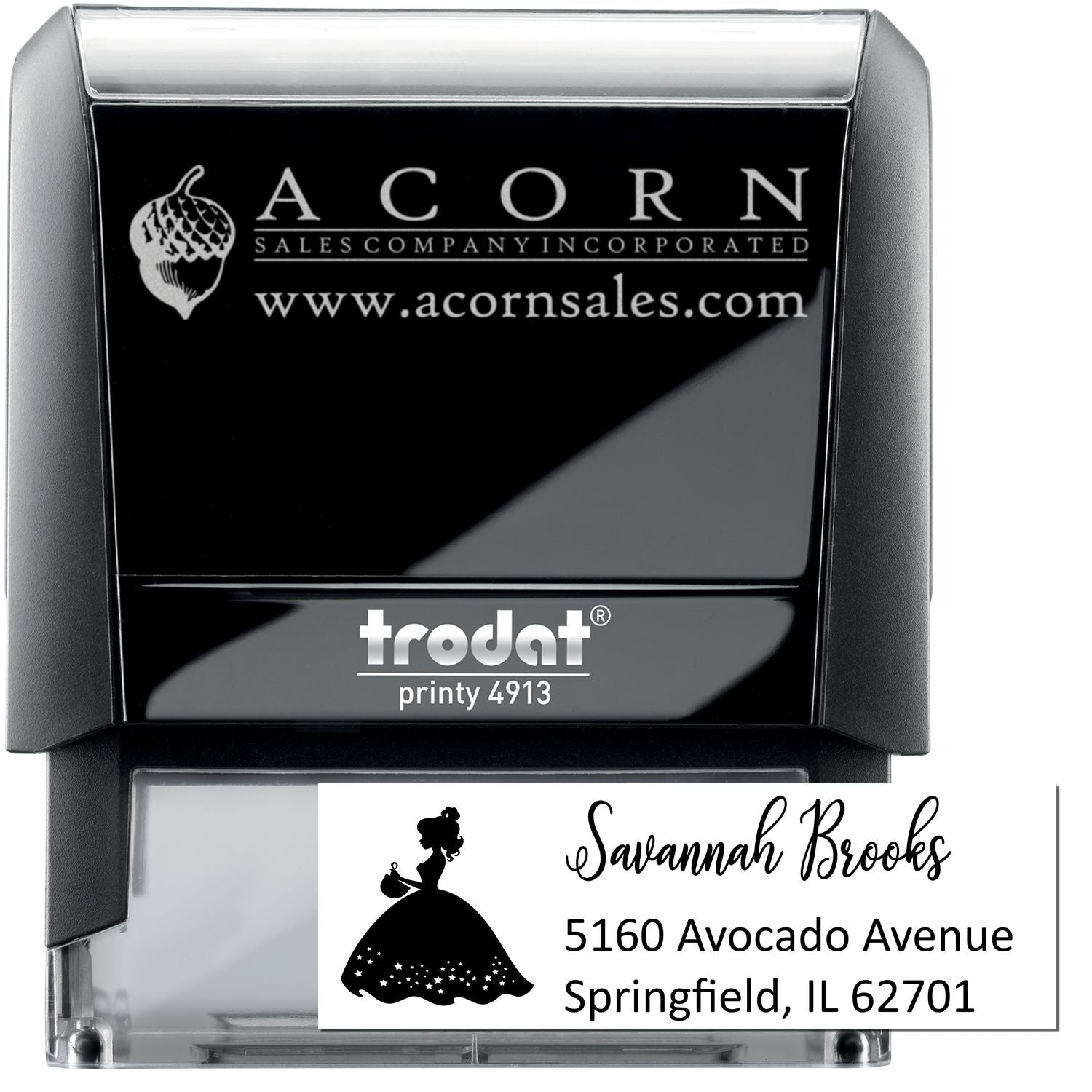Custom self-inking rubber stamp, Trodat Printy 4913, with logo and address imprint for business branding.