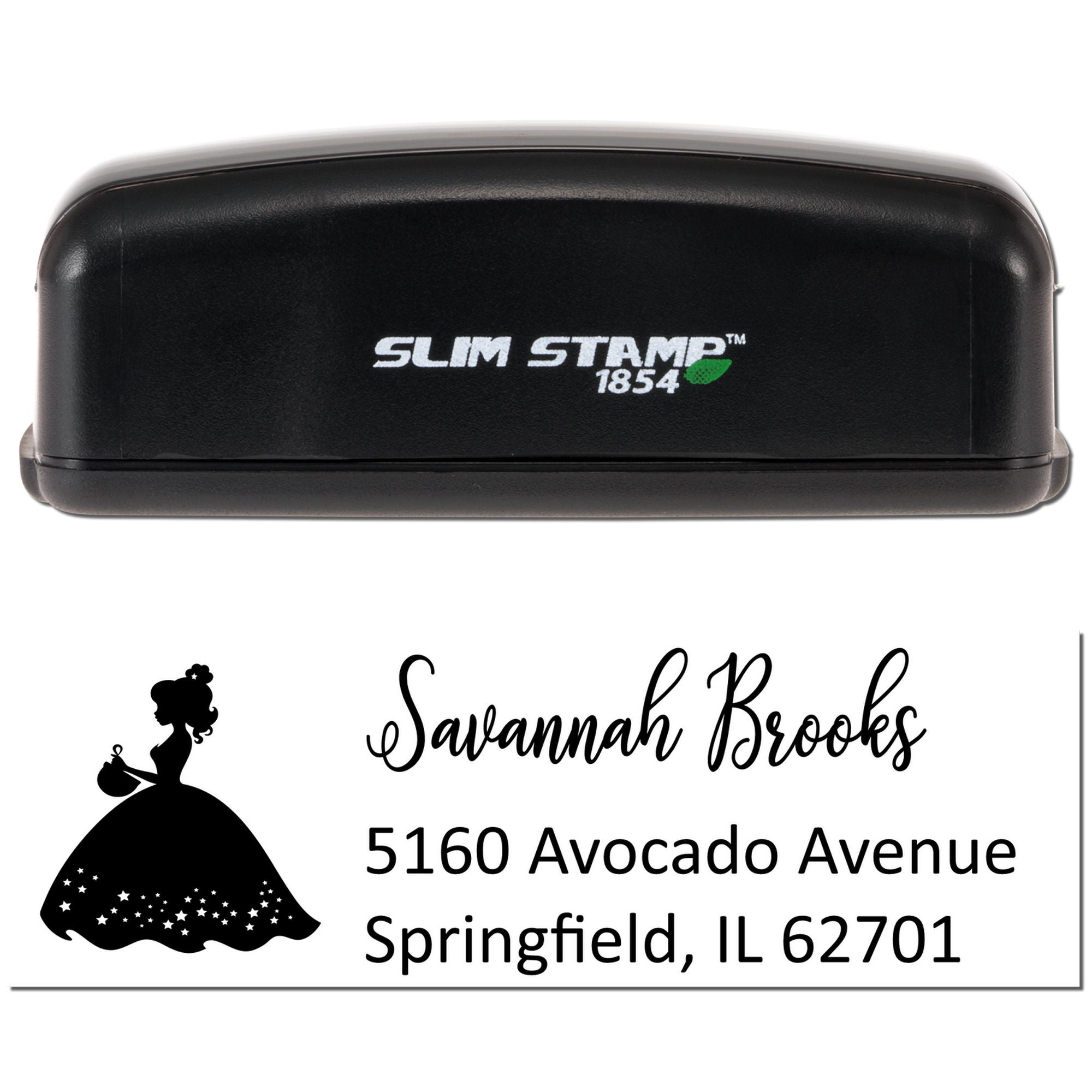 Slim Stamp 1854 self-inking custom address rubber stamp with princess silhouette design for Savannah Brooks, Springfield, IL 62701.