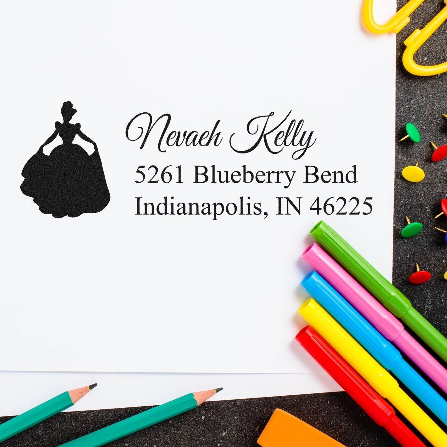 Custom princess return address rubber stamp with personalized name and Indianapolis address for invitations and stationery