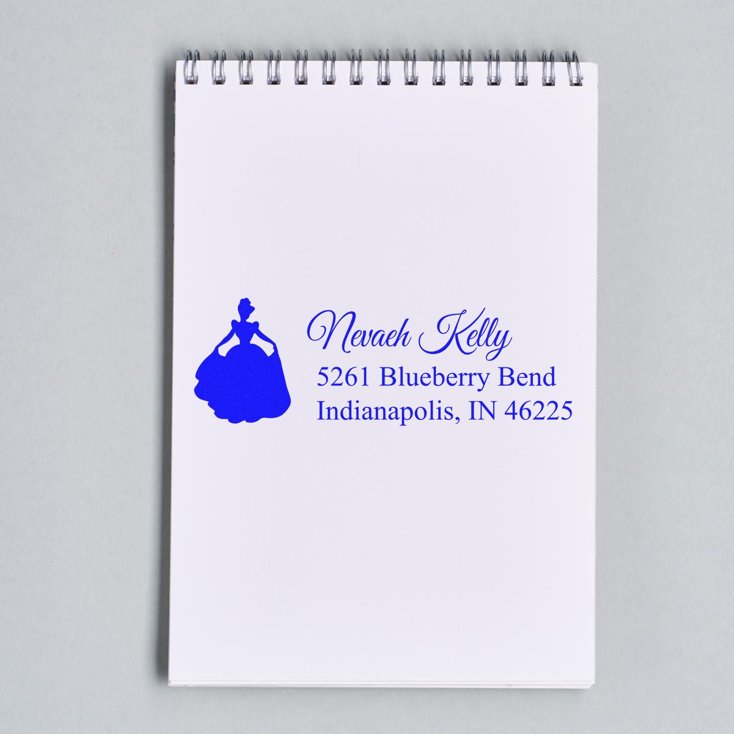 Custom princess silhouette address rubber stamp for Nevaeh Kelly, ideal for personalized stationery and mailing labels.