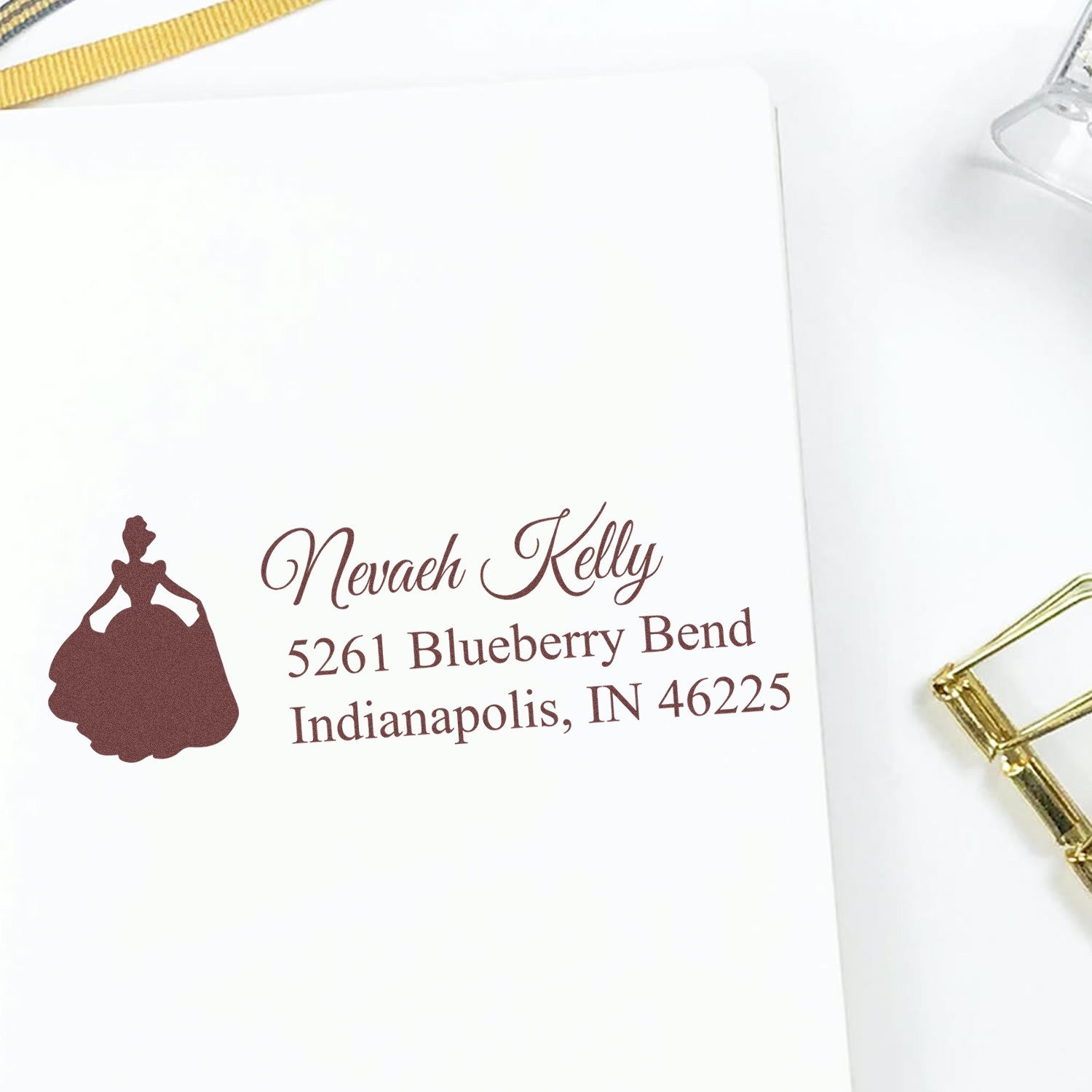 Custom address rubber stamp with elegant bride silhouette for Nevaeh Kelly, Indianapolis, IN wedding or mailing envelopes