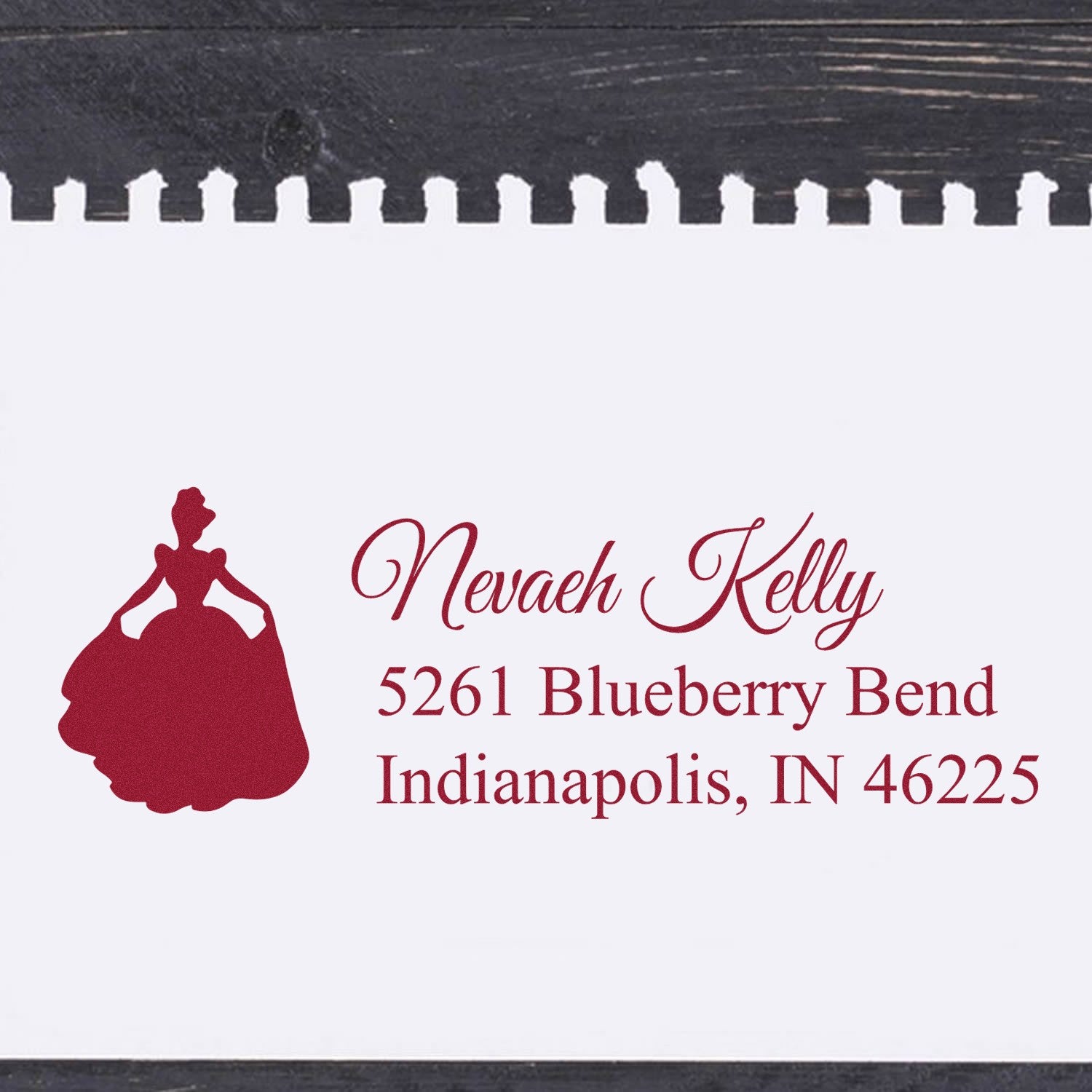 Personalized return address rubber stamp for Nevaeh Kelly with princess silhouette and Indianapolis, IN 46225.