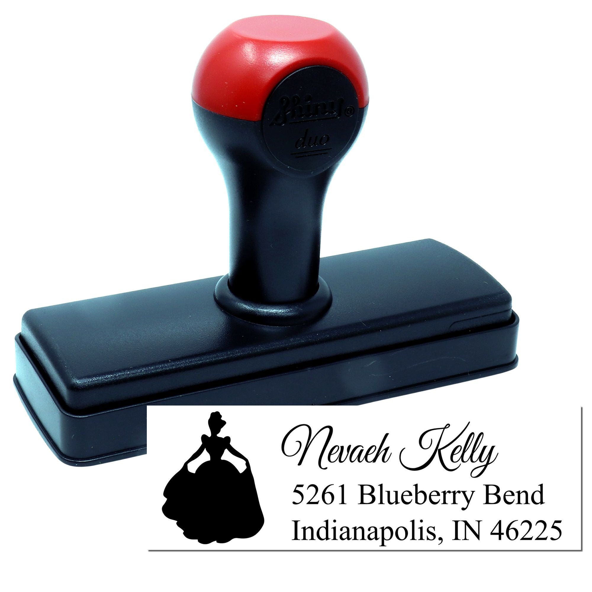 Personalized self-inking rubber stamp for return addresses, featuring a princess silhouette and custom name and address.