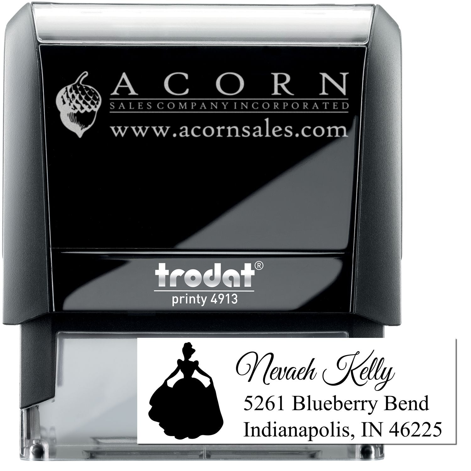 Trodat Printy 4913 custom self-inking rubber stamp with business logo and address imprint examples.
