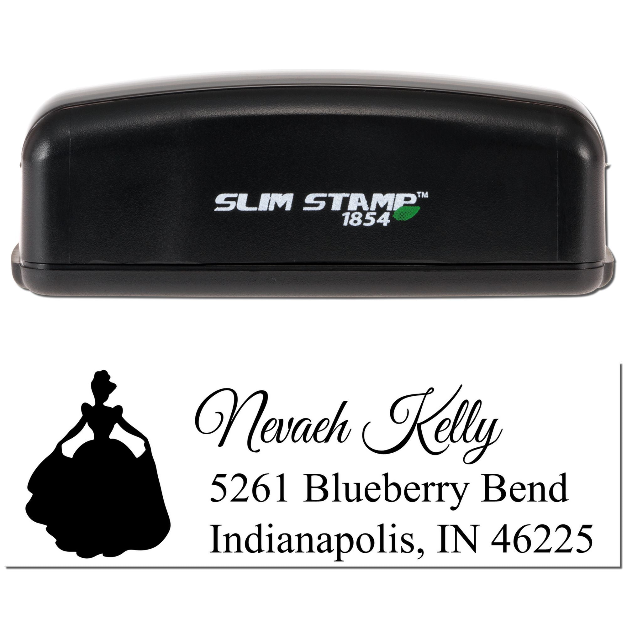 Slim Stamp 1854 custom return address rubber stamp with bride silhouette and elegant wedding address design.