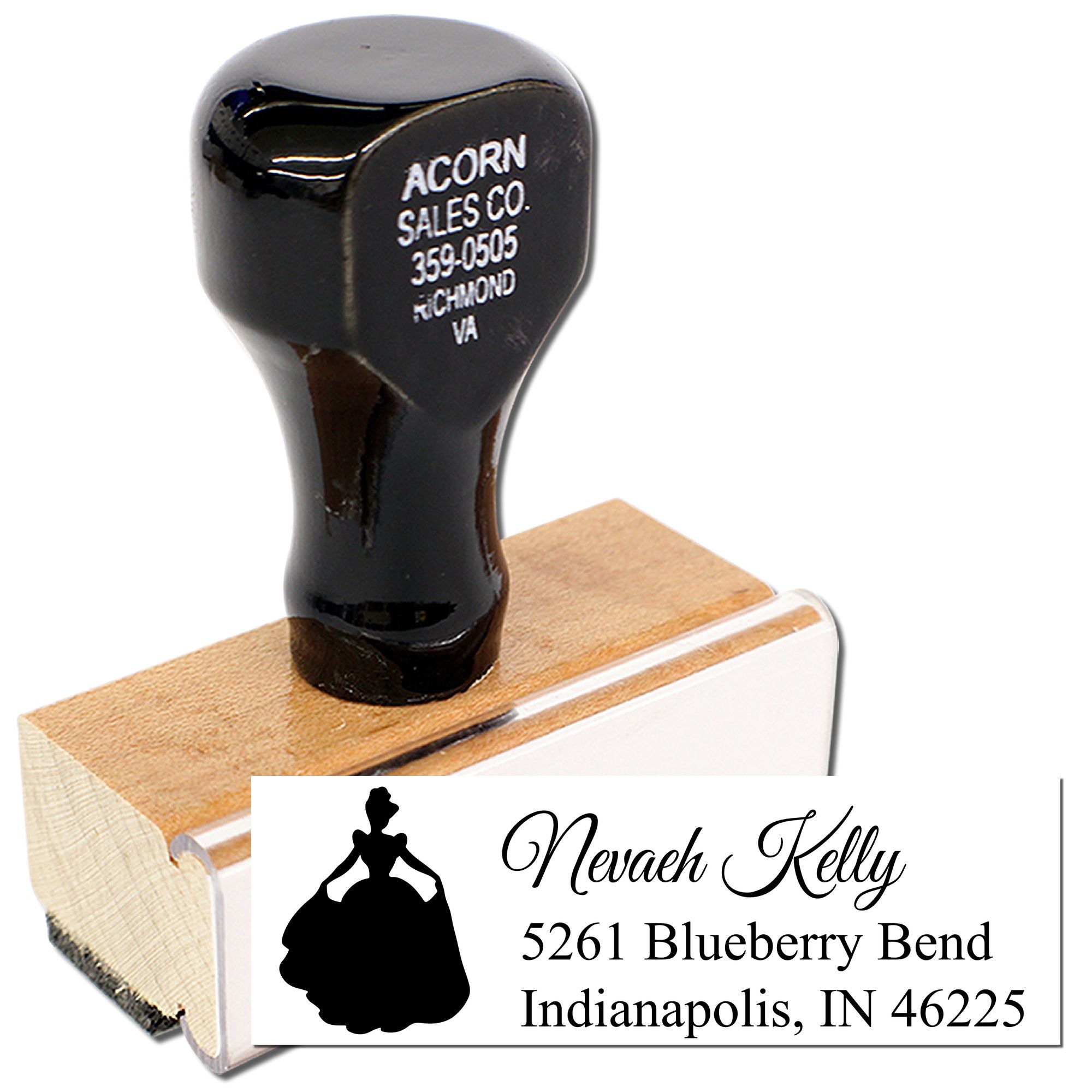 Custom return address rubber stamp for Nevaeh Kelly, 5261 Blueberry Bend, Indianapolis, IN 46225.